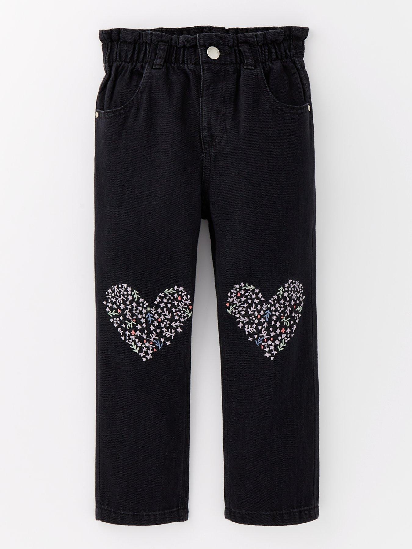 undefined Girls Heart Embroidered Paperbag Jean - Black