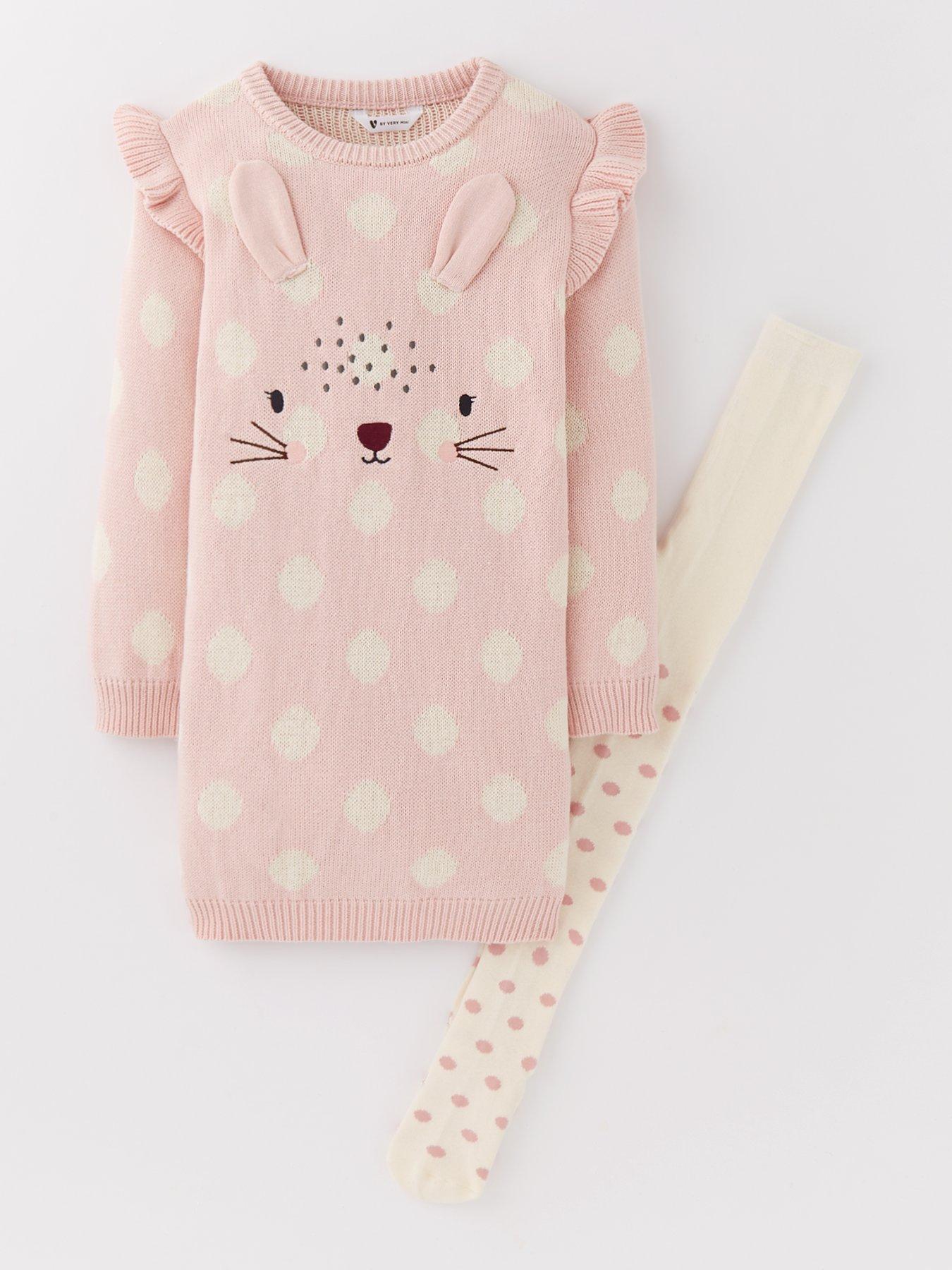 Image of Mini V by Very Girls Knitted Bunny Dress And Tights Set - Multi
