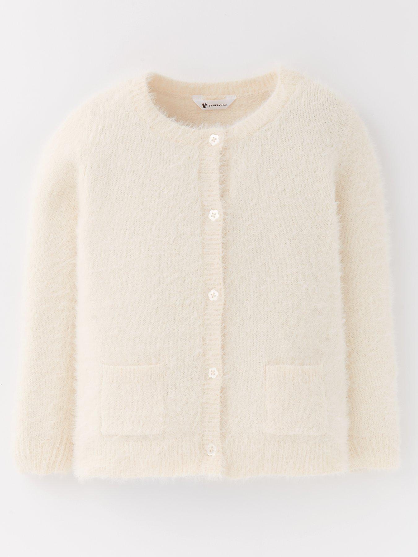 undefined Girls Fluffy Eyelash Yarn Cardigan - Cream