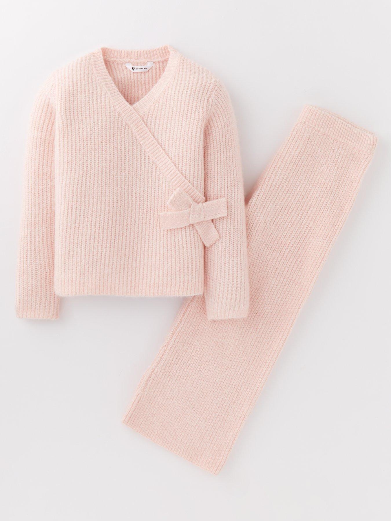 mini-v-by-very-girls-knitted-mock-wrap-jumper-and-flare-trouser-set-pink