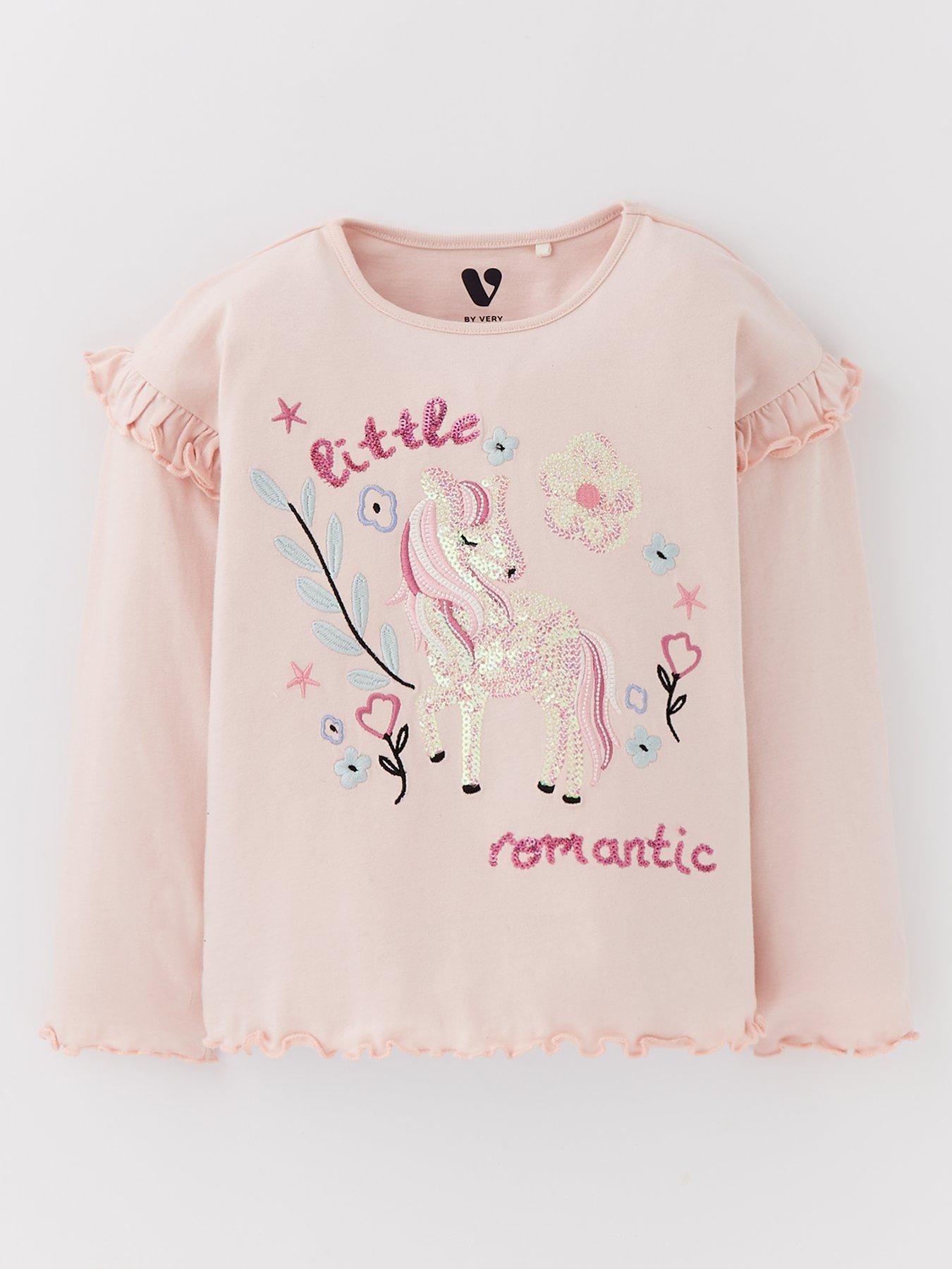 Image 1 of 4 of Mini V by Very Girls Frill Unicorn Single T-Shirt - Pink