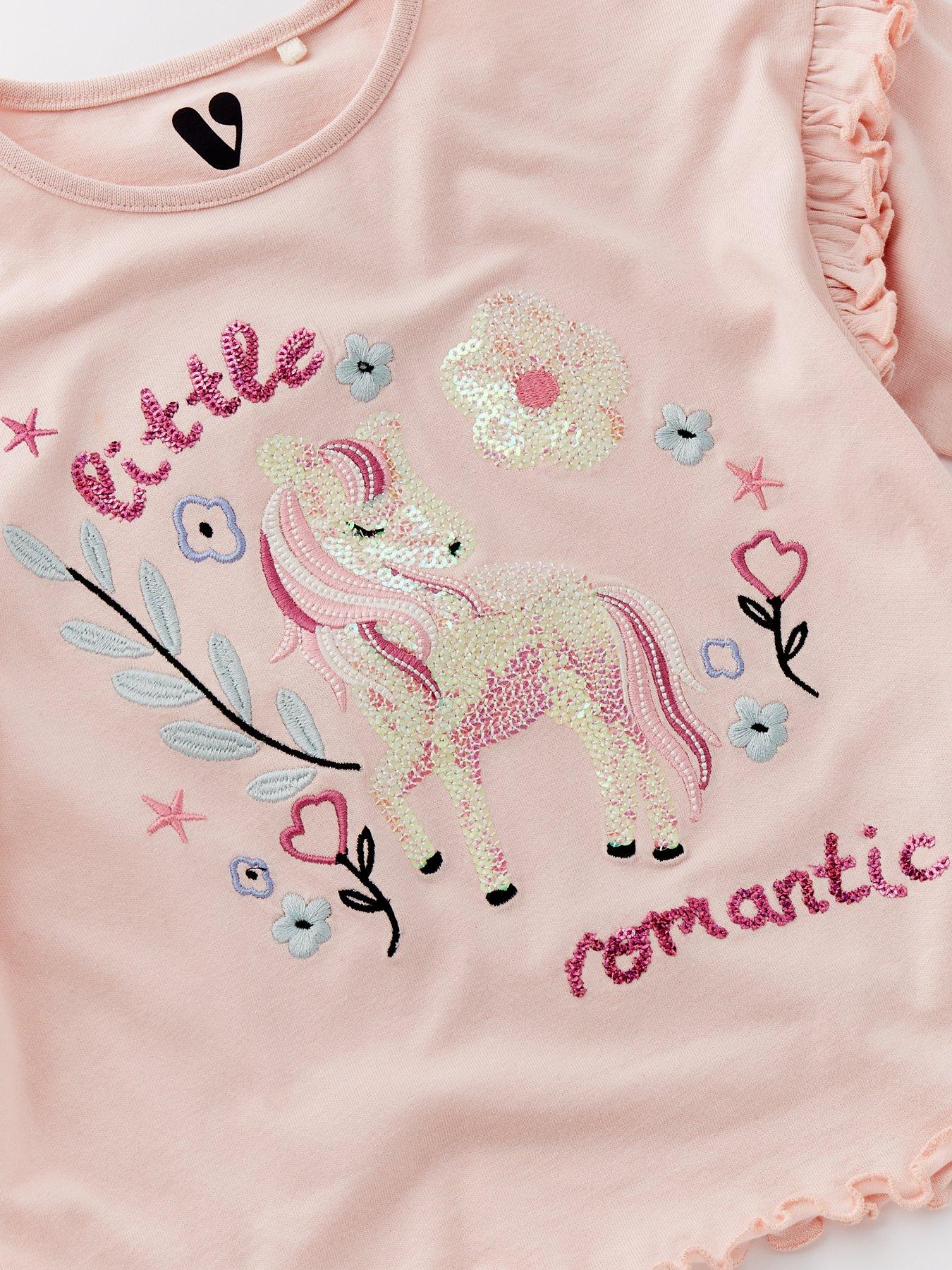 Image 4 of 4 of Mini V by Very Girls Frill Unicorn Single T-Shirt - Pink