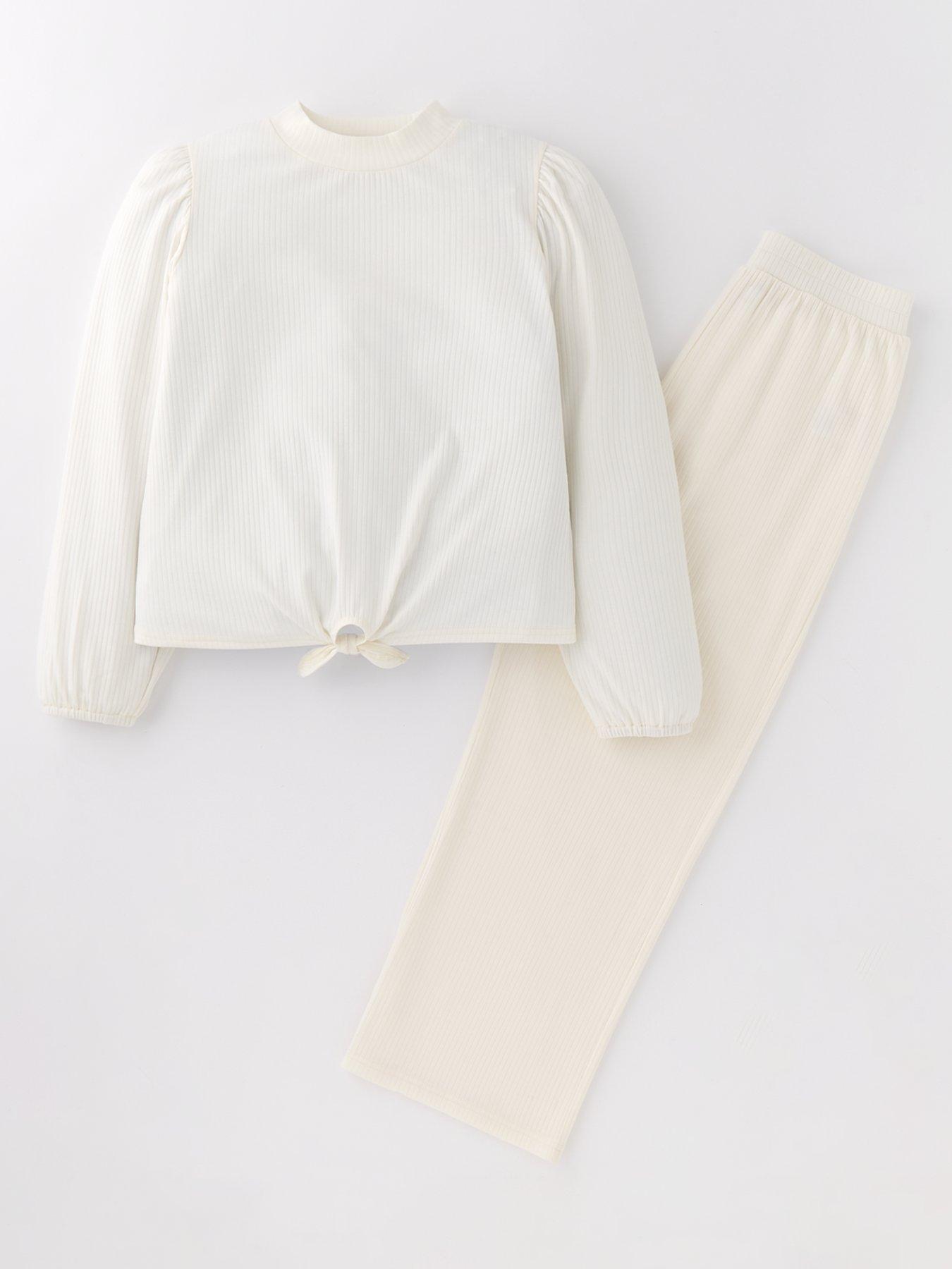 v-by-very-girls-cream-snit-tie-front-crew-and-trouser-set