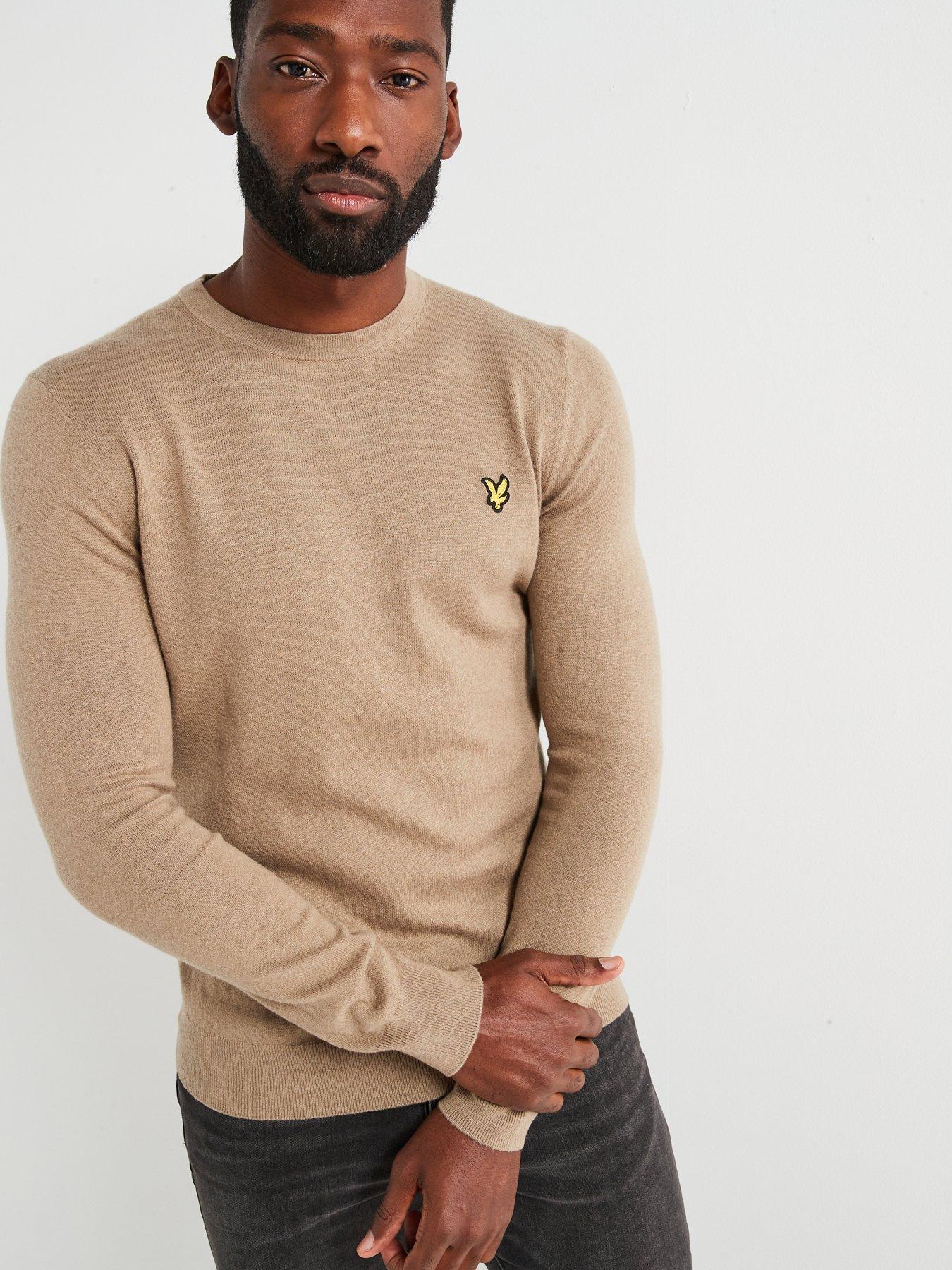 Cotton Merino Crew Neck Knitted Jumper Beige Khaki