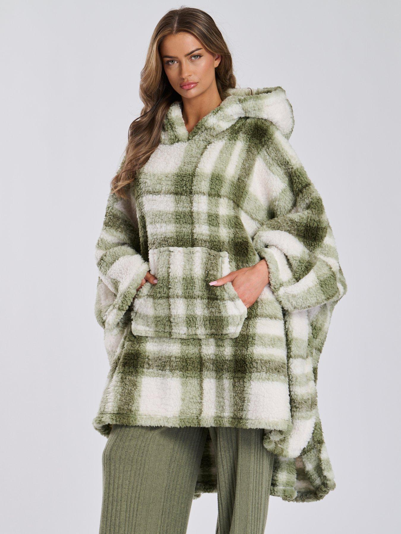 loungeable-loungeable-check-sherpa-short-poncho-greendetail