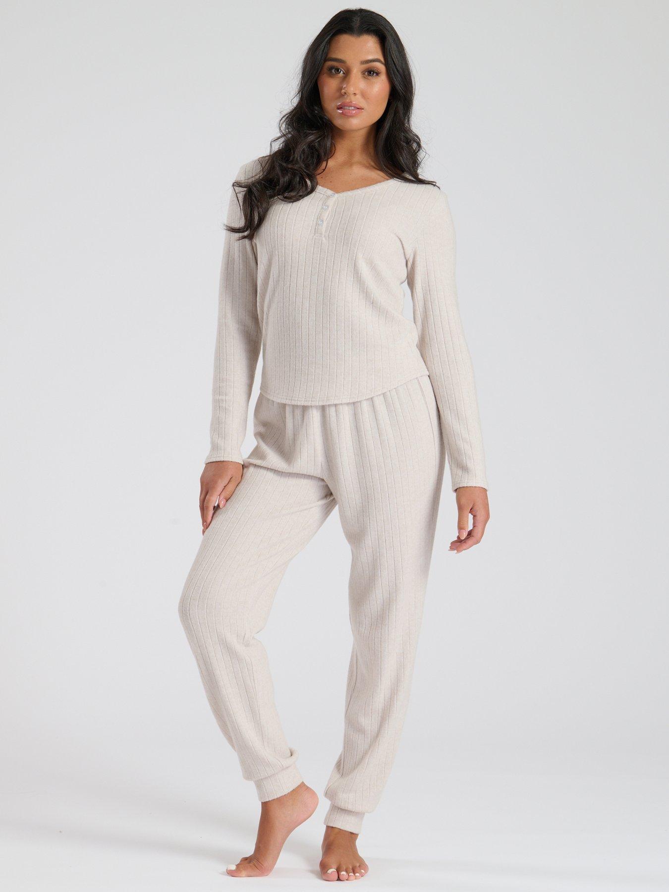undefined Loungeable Brushed Rib Henley Top - Oatmeal