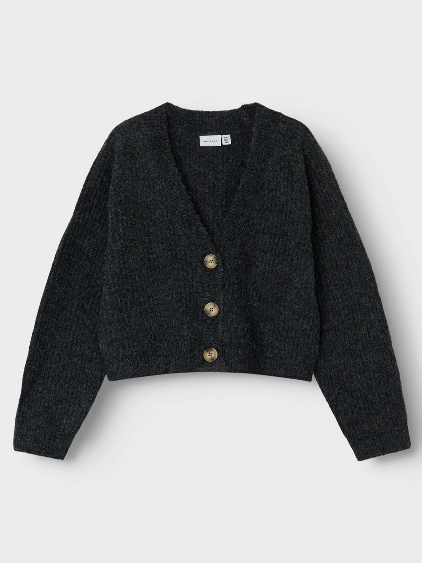 Image 1 of 3 of Name It Girls Boxy Knitted Cardigan - Dark Grey Melange