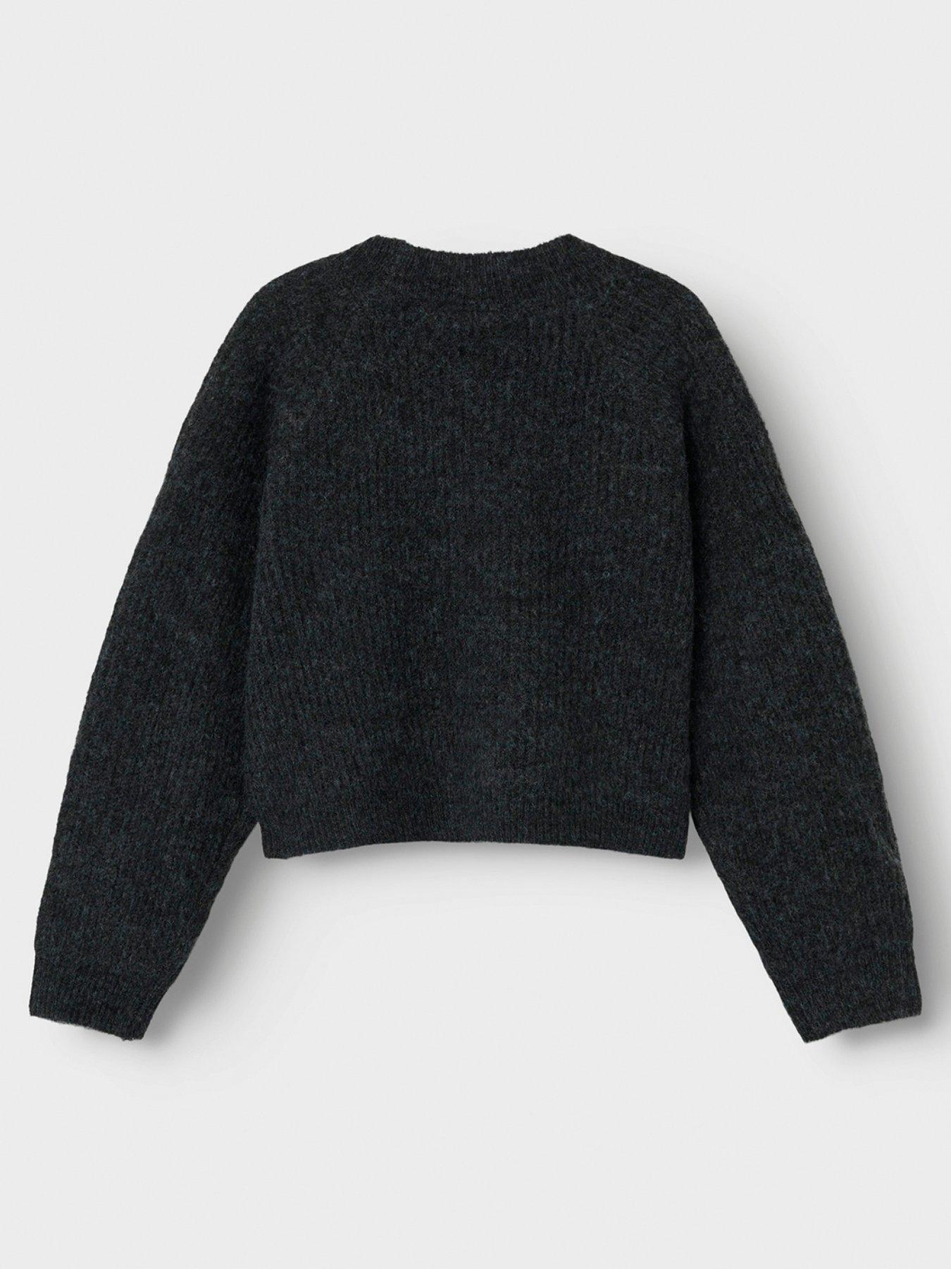 Image 2 of 3 of Name It Girls Boxy Knitted Cardigan - Dark Grey Melange