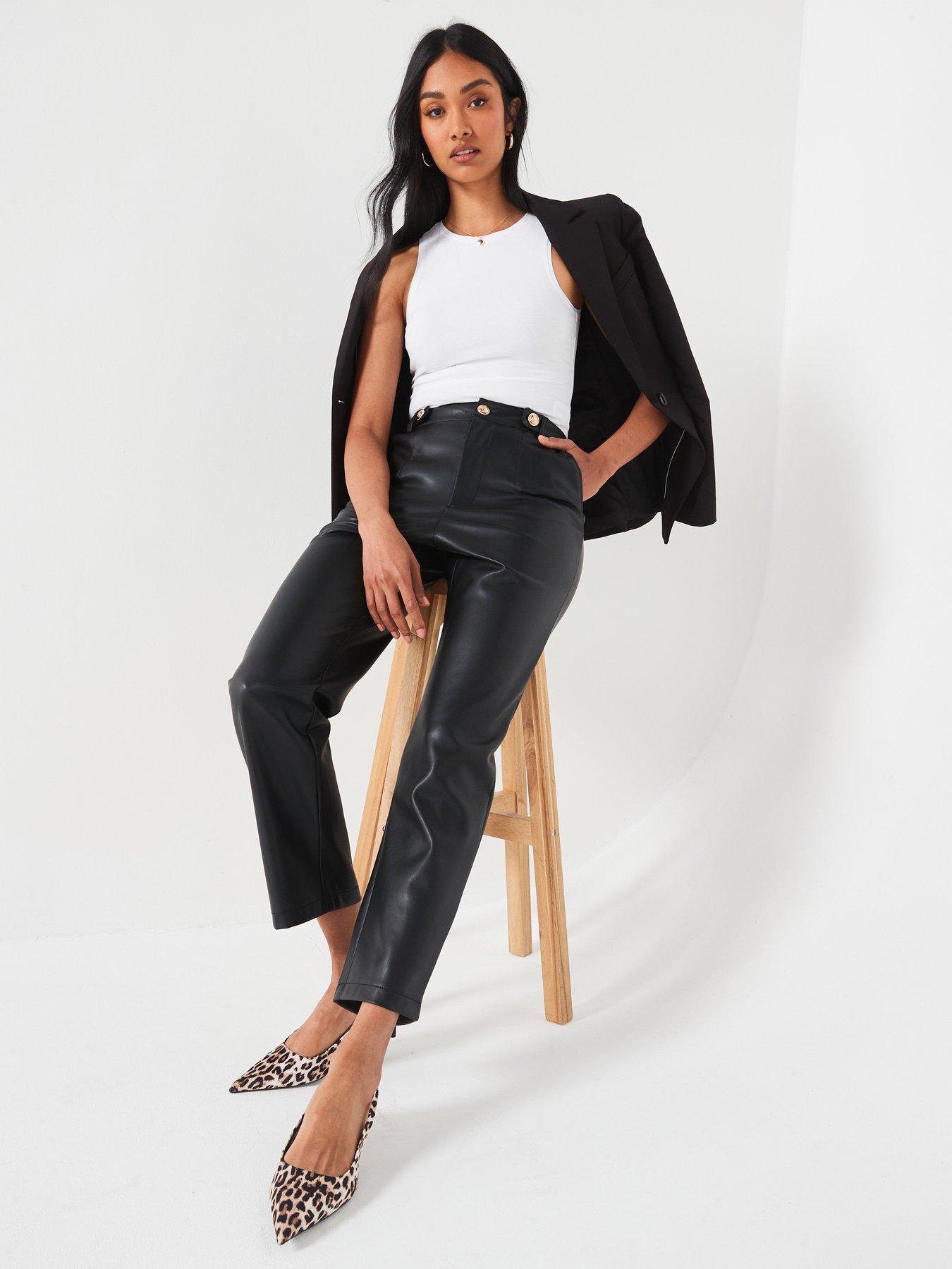 Image 4 of 6 of V by Very Faux Leather Trousers With Button Detail - Black