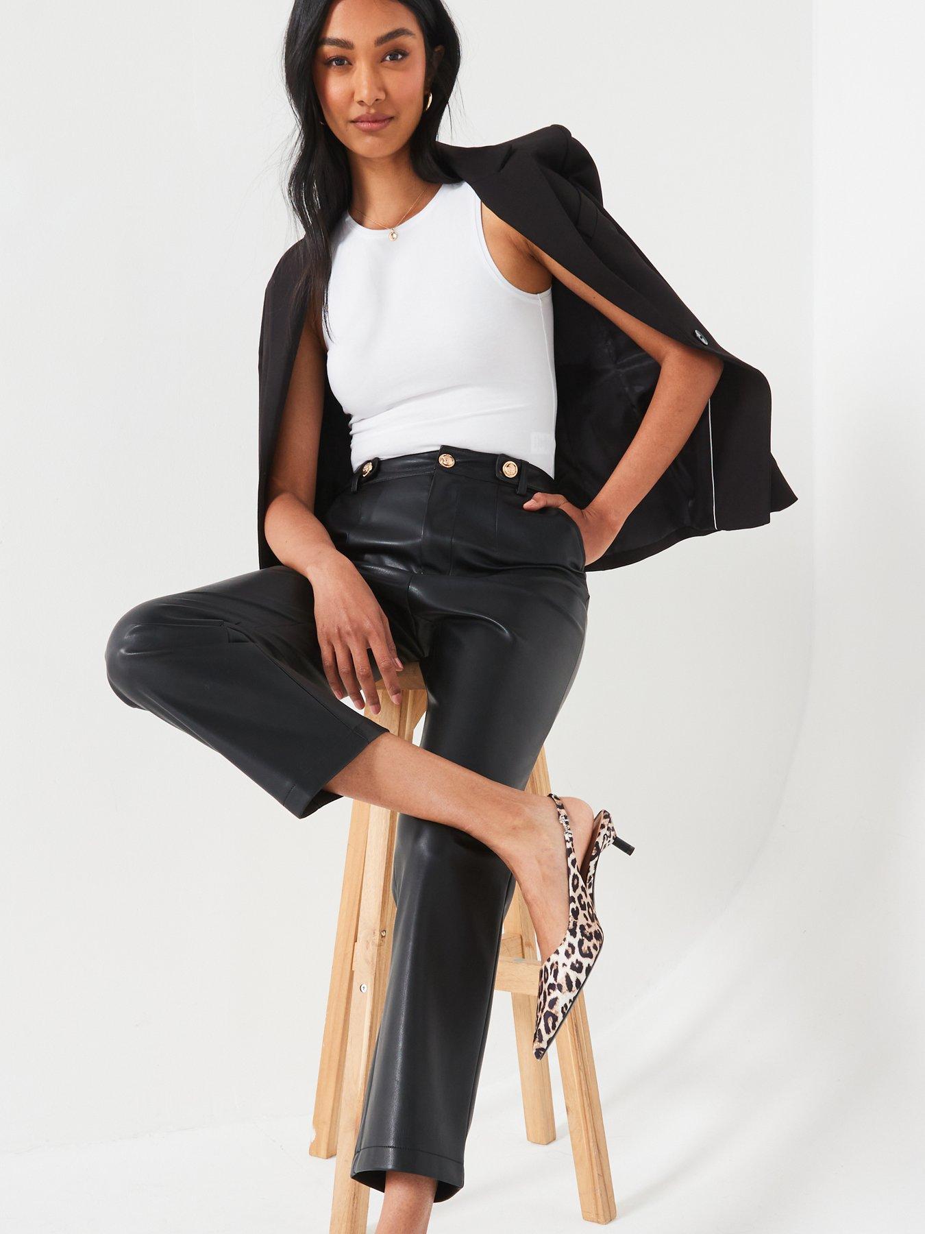 Image 5 of 6 of V by Very Faux Leather Trousers With Button Detail - Black