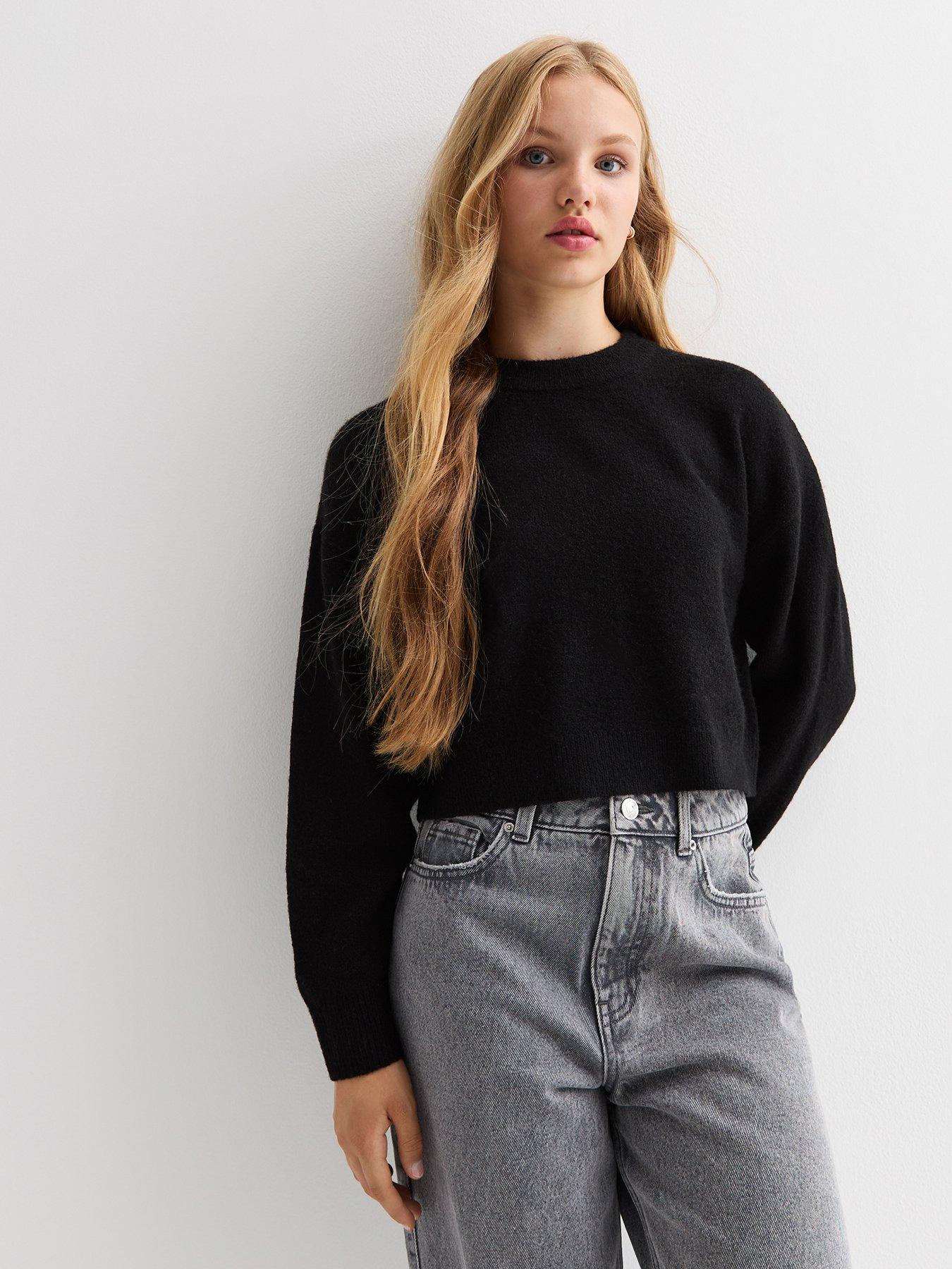 new-look-915-girls-black-crop-ribbed-cuff-jumper