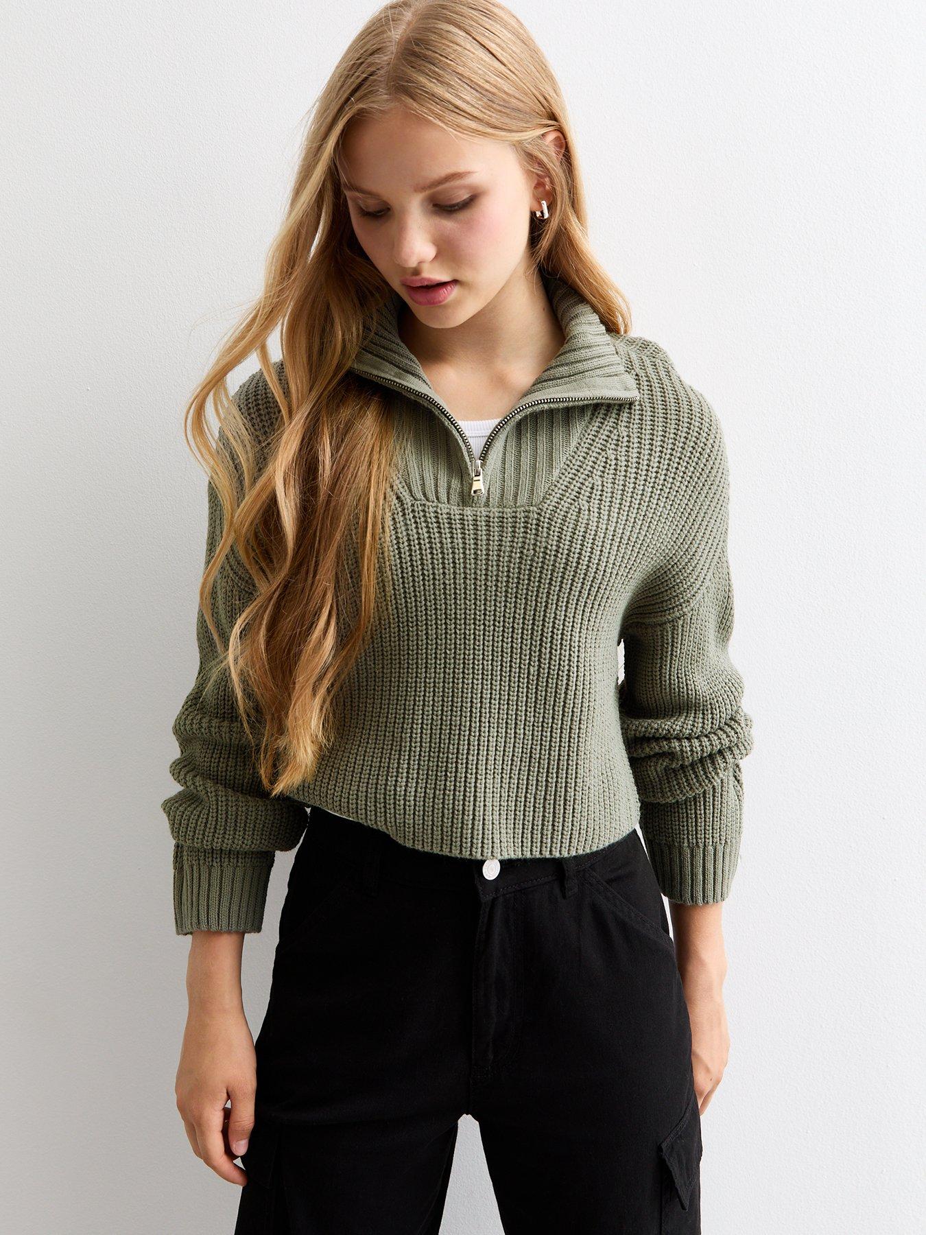 new-look-915-girls-half-zip-knit-jumper-olive