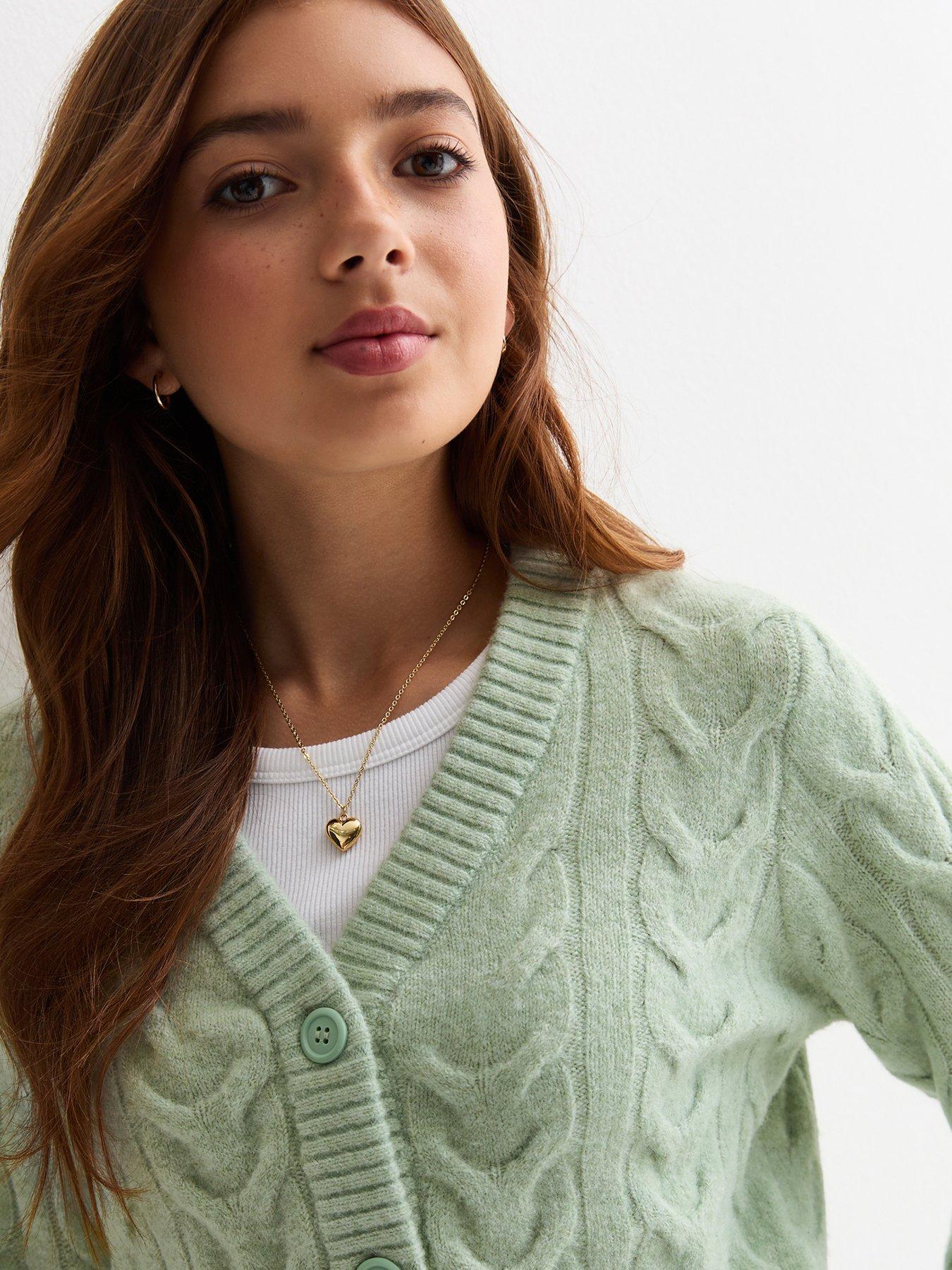 new-look-915-girls-light-green-cable-knit-cardiganoutfit