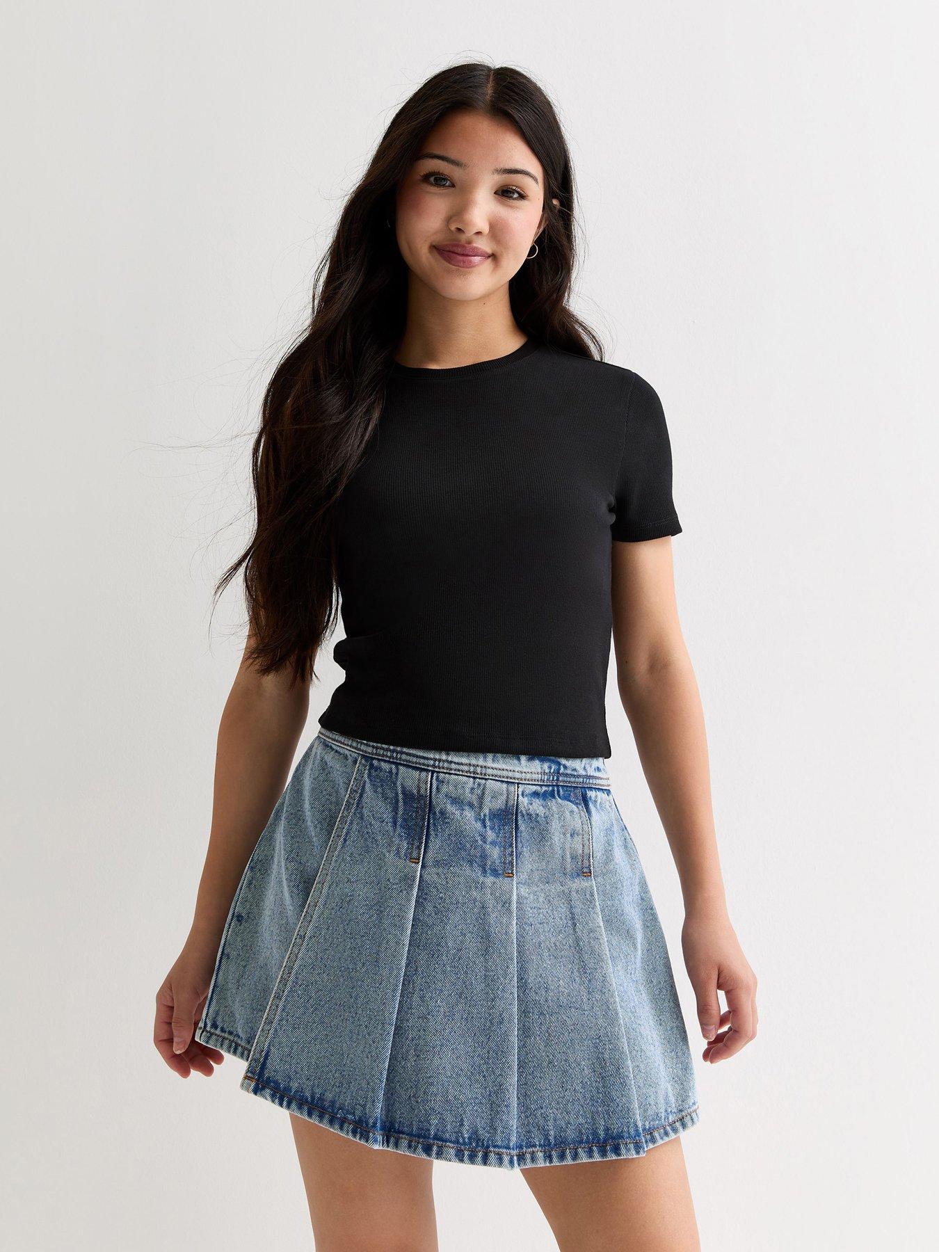 new-look-915-girls-black-ribbed-short-sleeve-mini-t-shirt