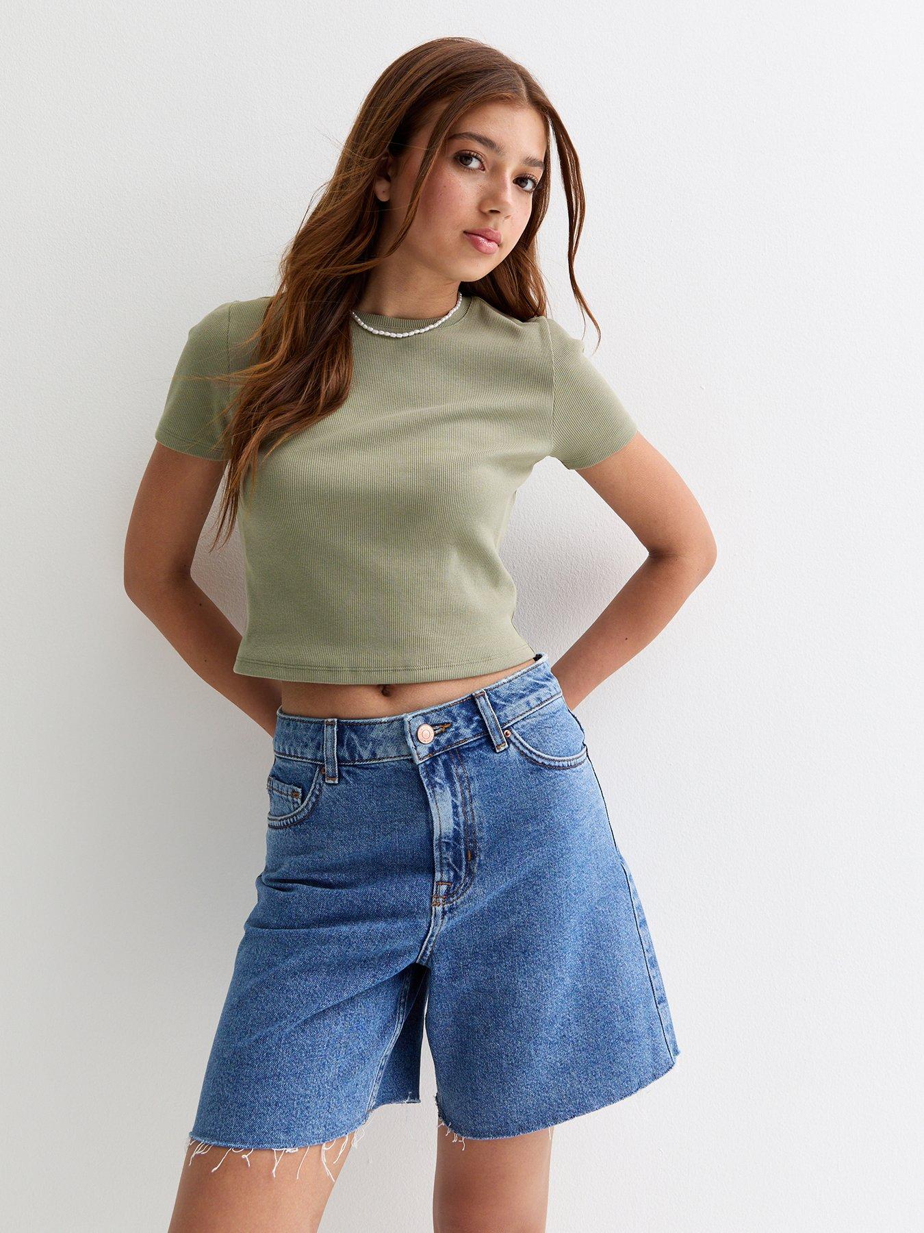 new-look-915-girls-olive-ribbed-short-sleeve-mini-t-shirt