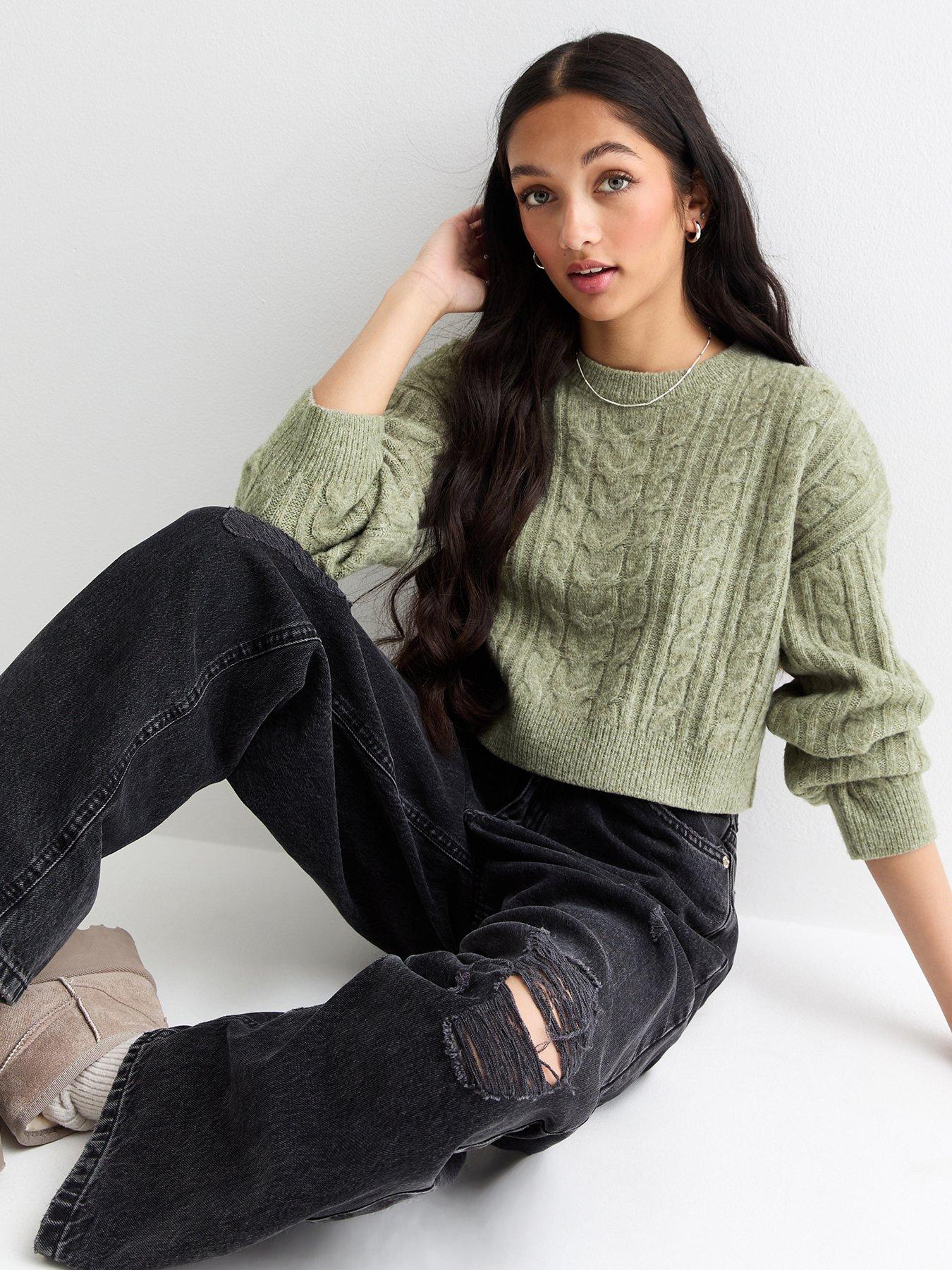 new-look-915-girls-olive-cable-knit-crop-jumper-khaki