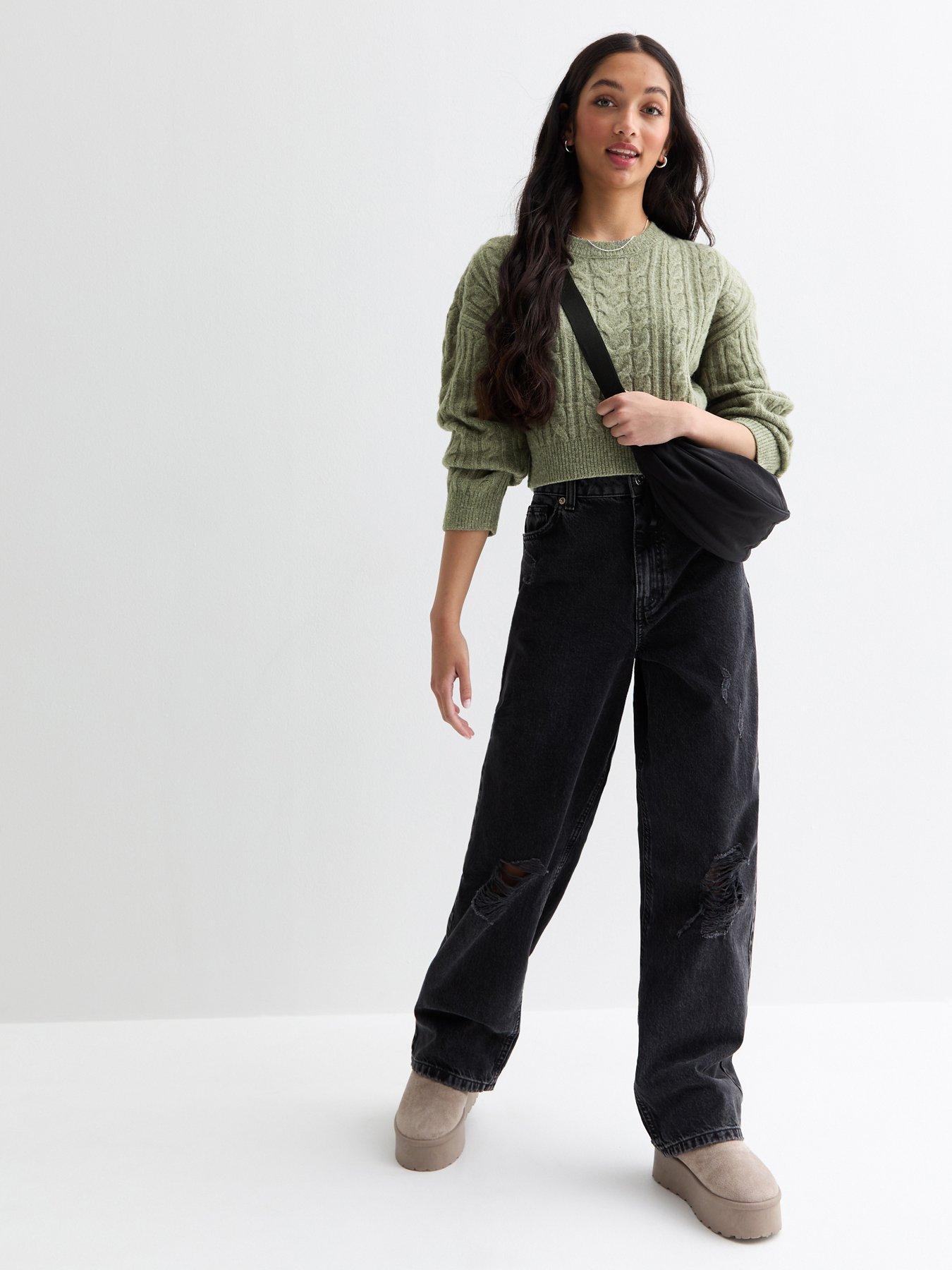 new-look-915-girls-olive-cable-knit-crop-jumperstillFront