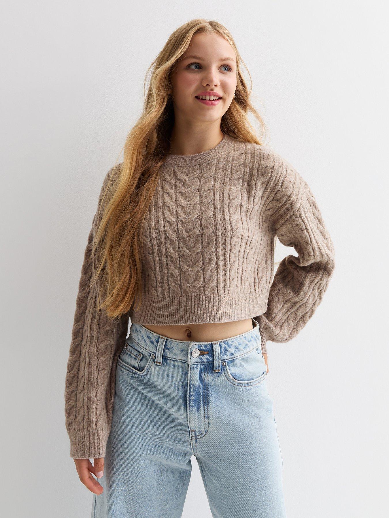 new-look-915-girls-cable-knit-crop-jumper-light-brown