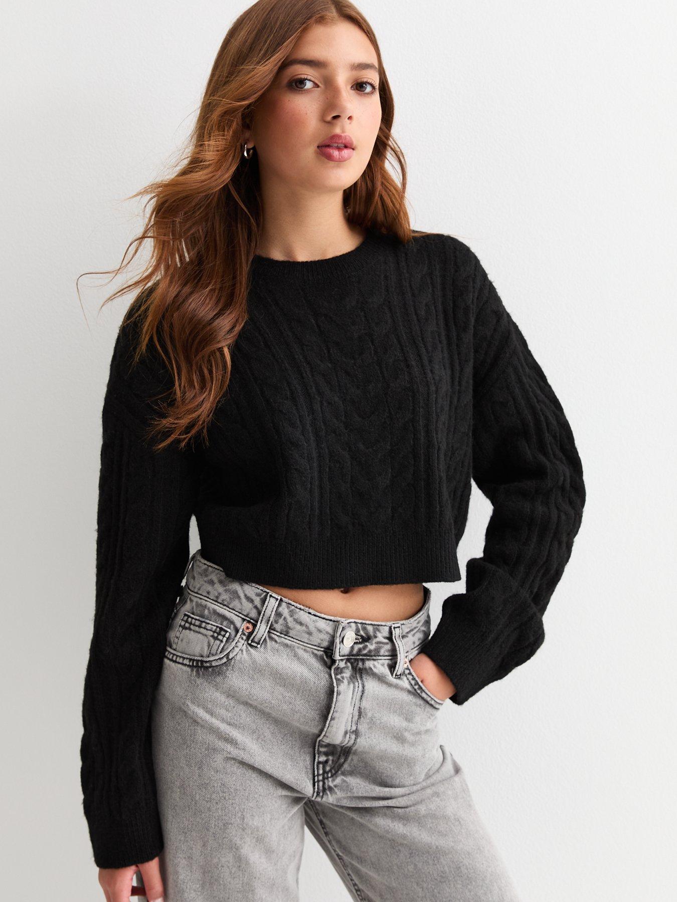 new-look-915-girls-black-cable-knit-crop-jumper