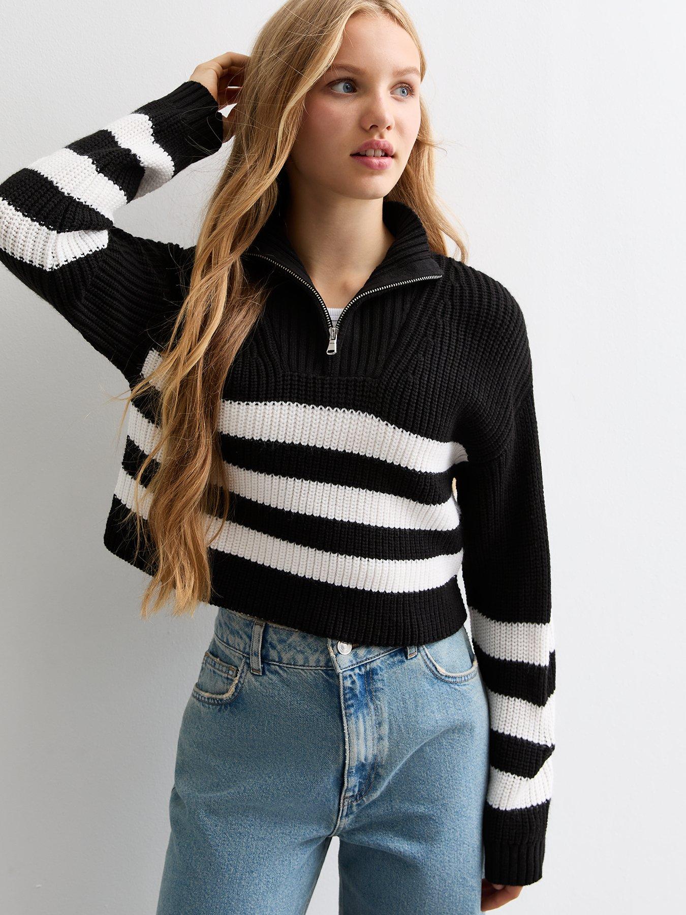 new-look-915-girls-black-striped-half-zip-knit-jumper