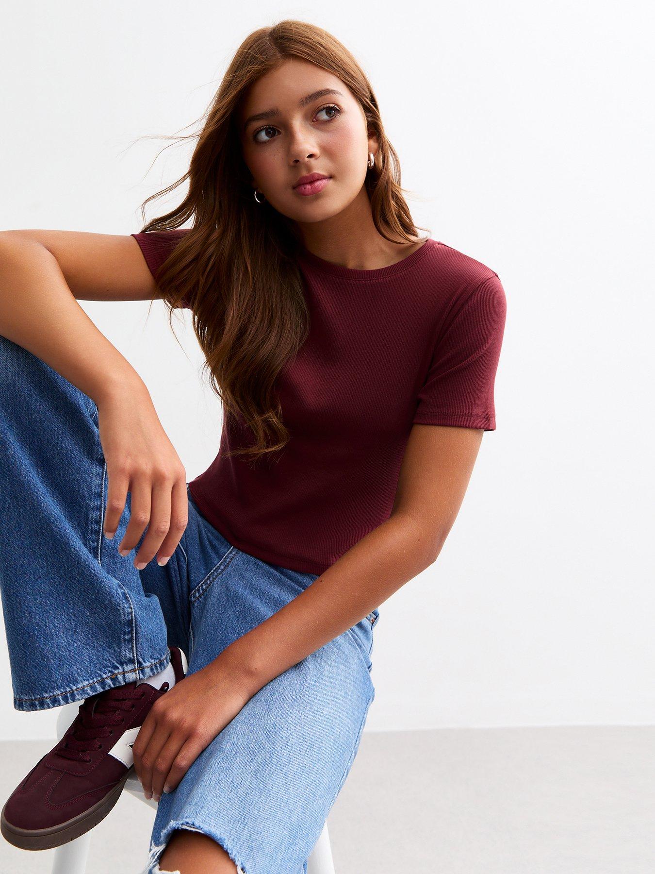 new-look-915-girls-burgundy-ribbed-short-sleeve-baby-tee-t-shirt