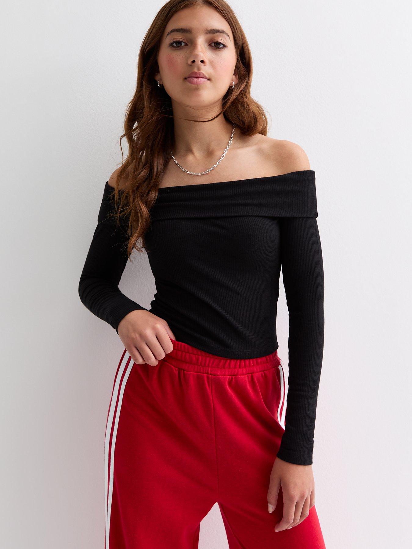 new-look-915-girls-black-long-sleeve-ribbed-bardot-top