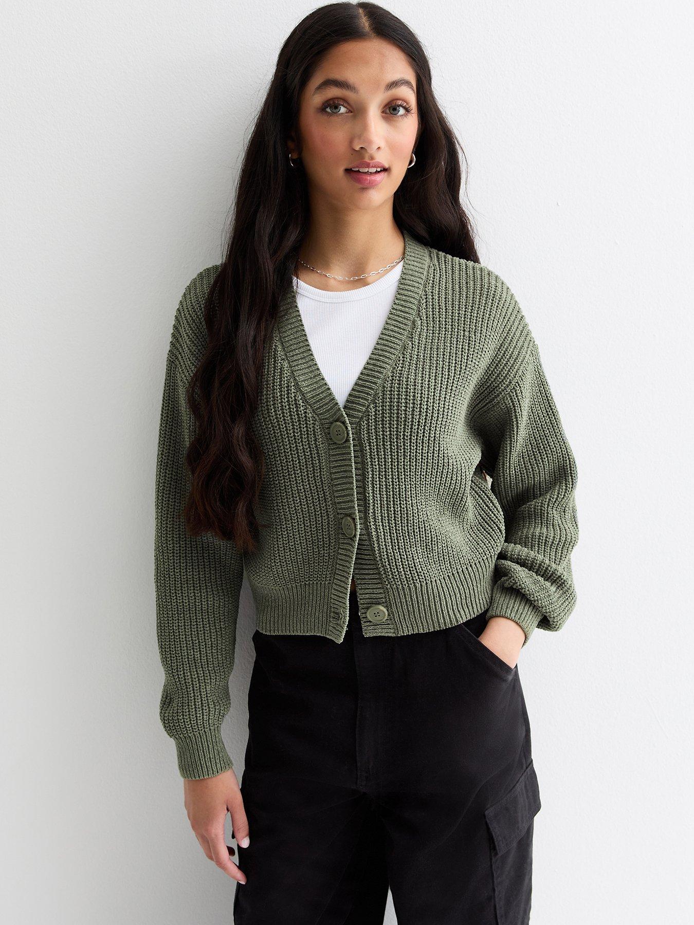 new-look-915-girls-chenille-knit-button-up-cardigan-olive