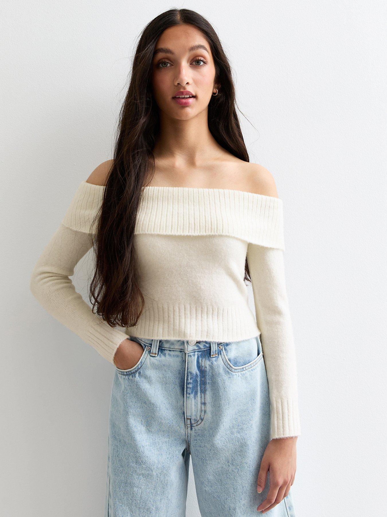 new-look-915-girls-bardot-knit-jumper-off-white