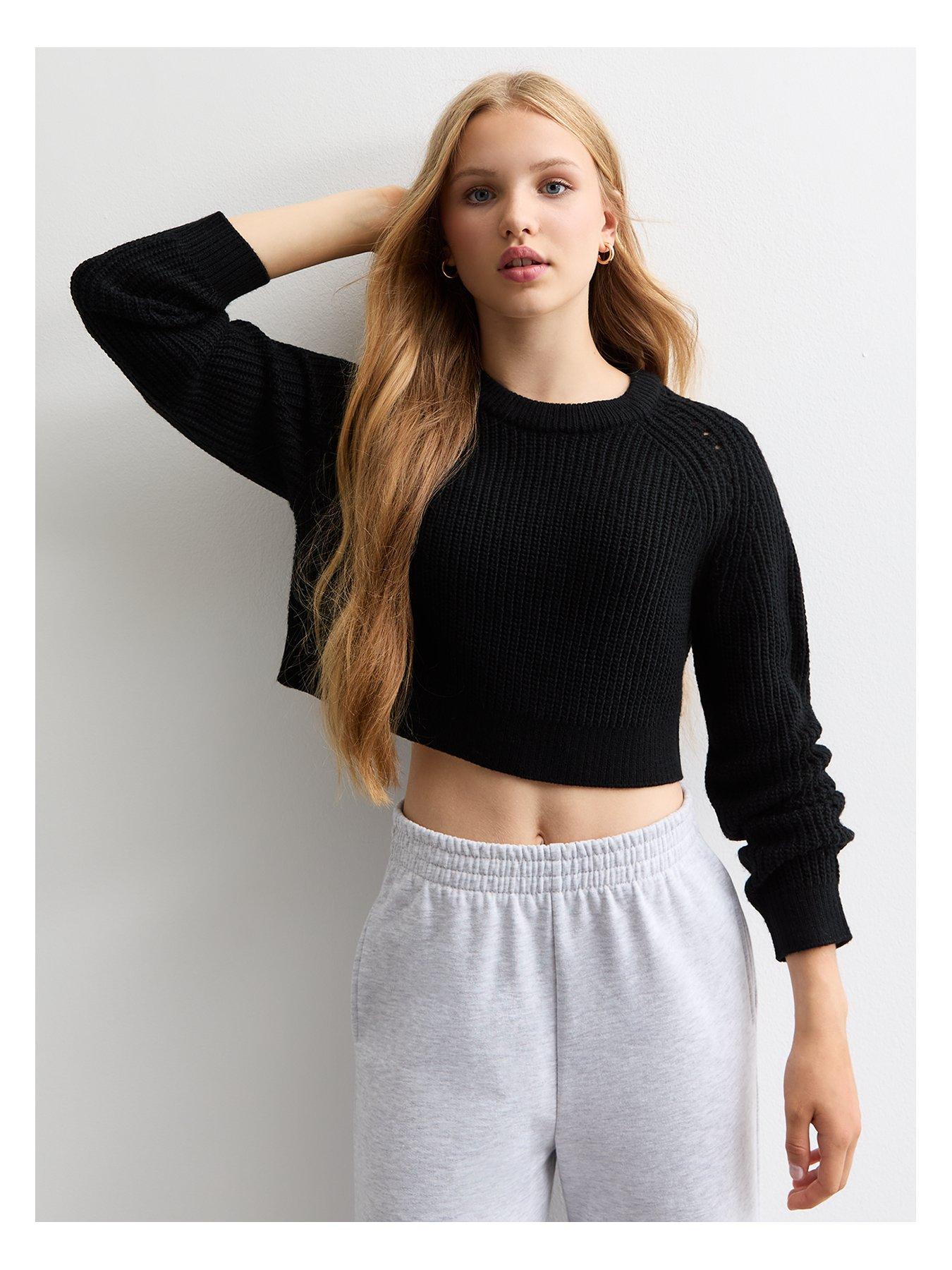 new-look-915-girls-black-hole-detail-crew-neck-crop-jumper