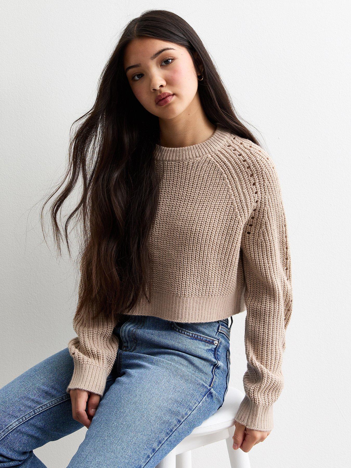 new-look-915-girls-camel-hole-detail-crew-neck-crop-jumper