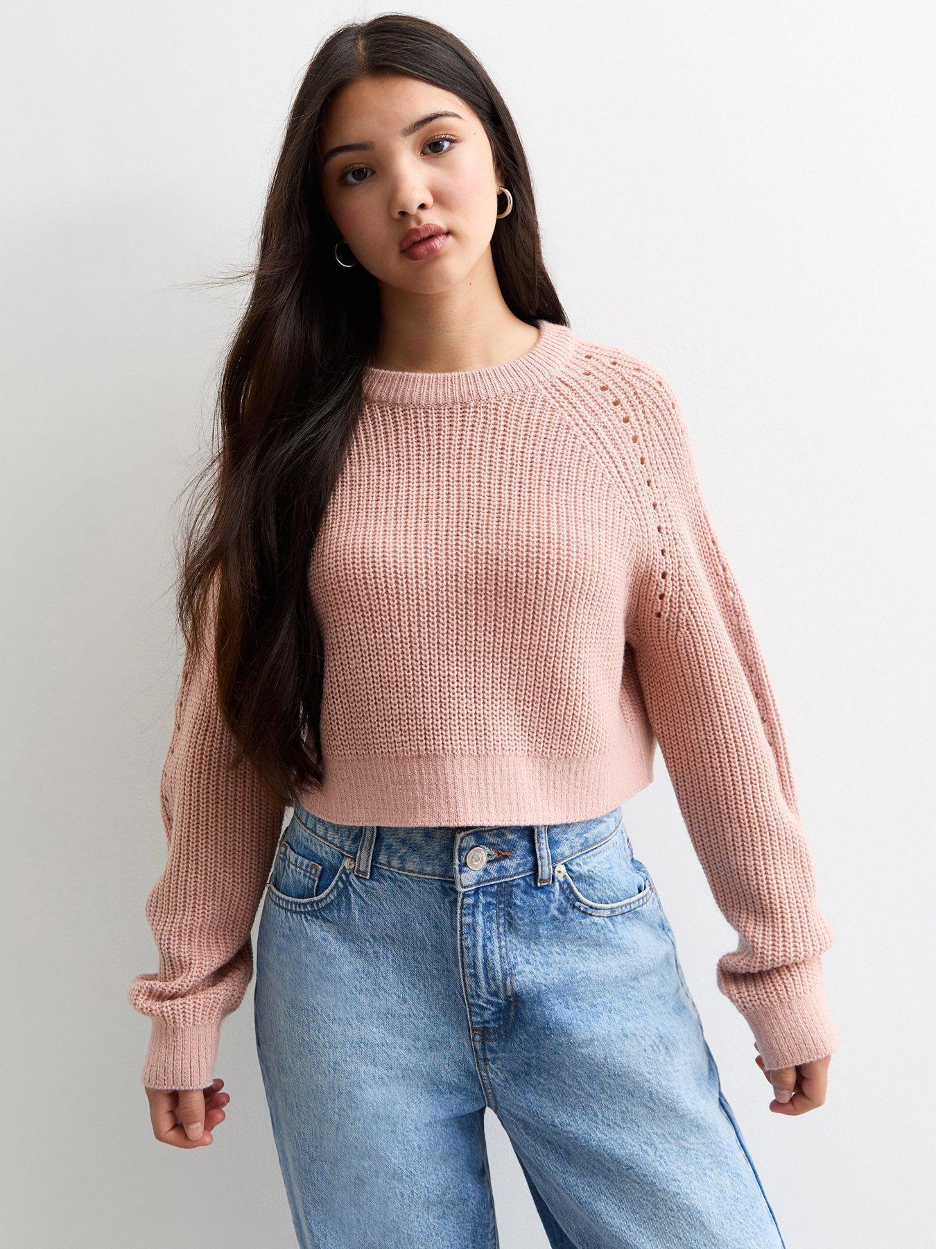 new-look-915-girls-pale-pink-hole-detail-crew-neck-crop-jumper