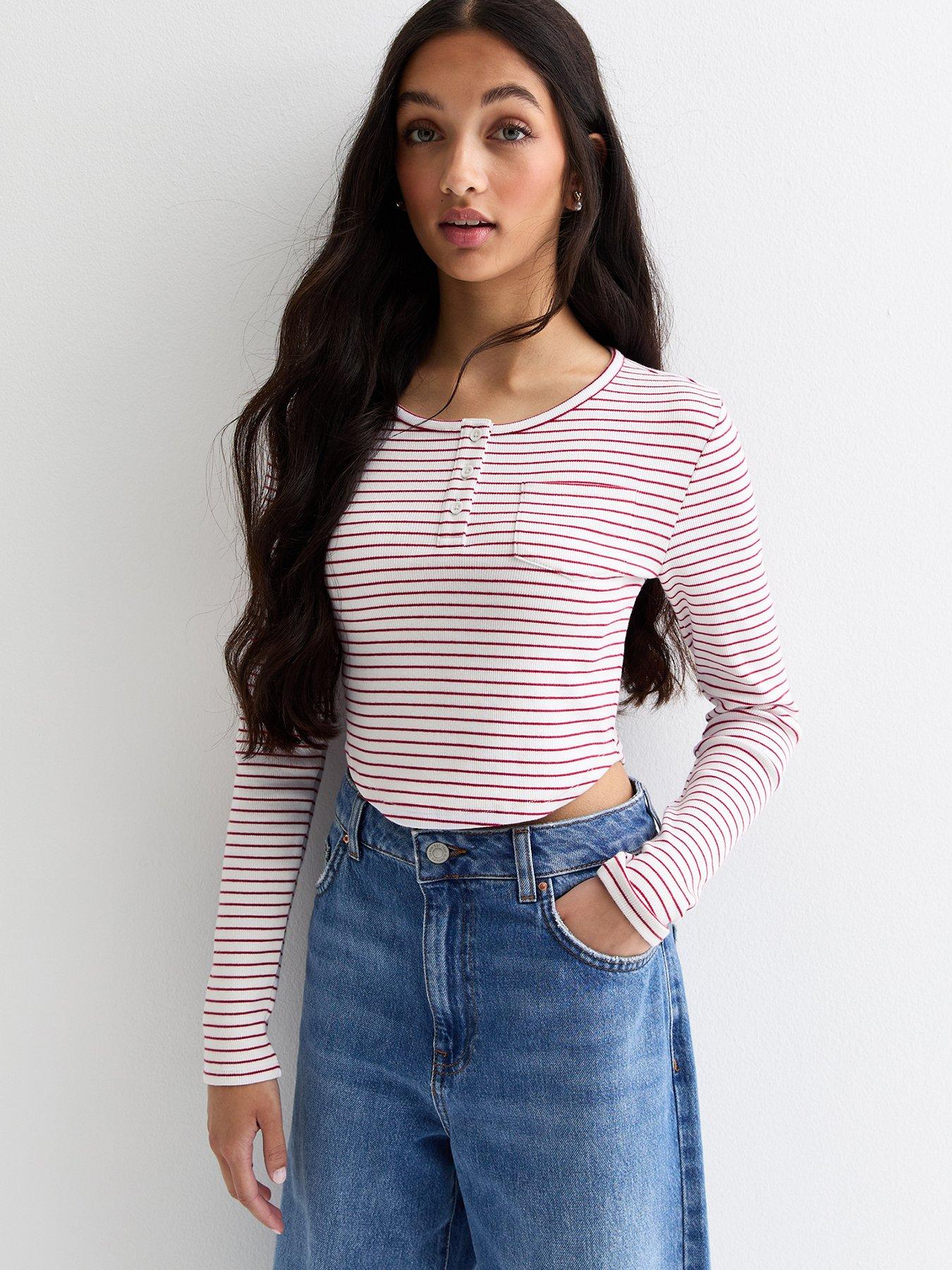 new-look-915-girls-red-stripe-long-sleeve-ribbed-button-detail-top