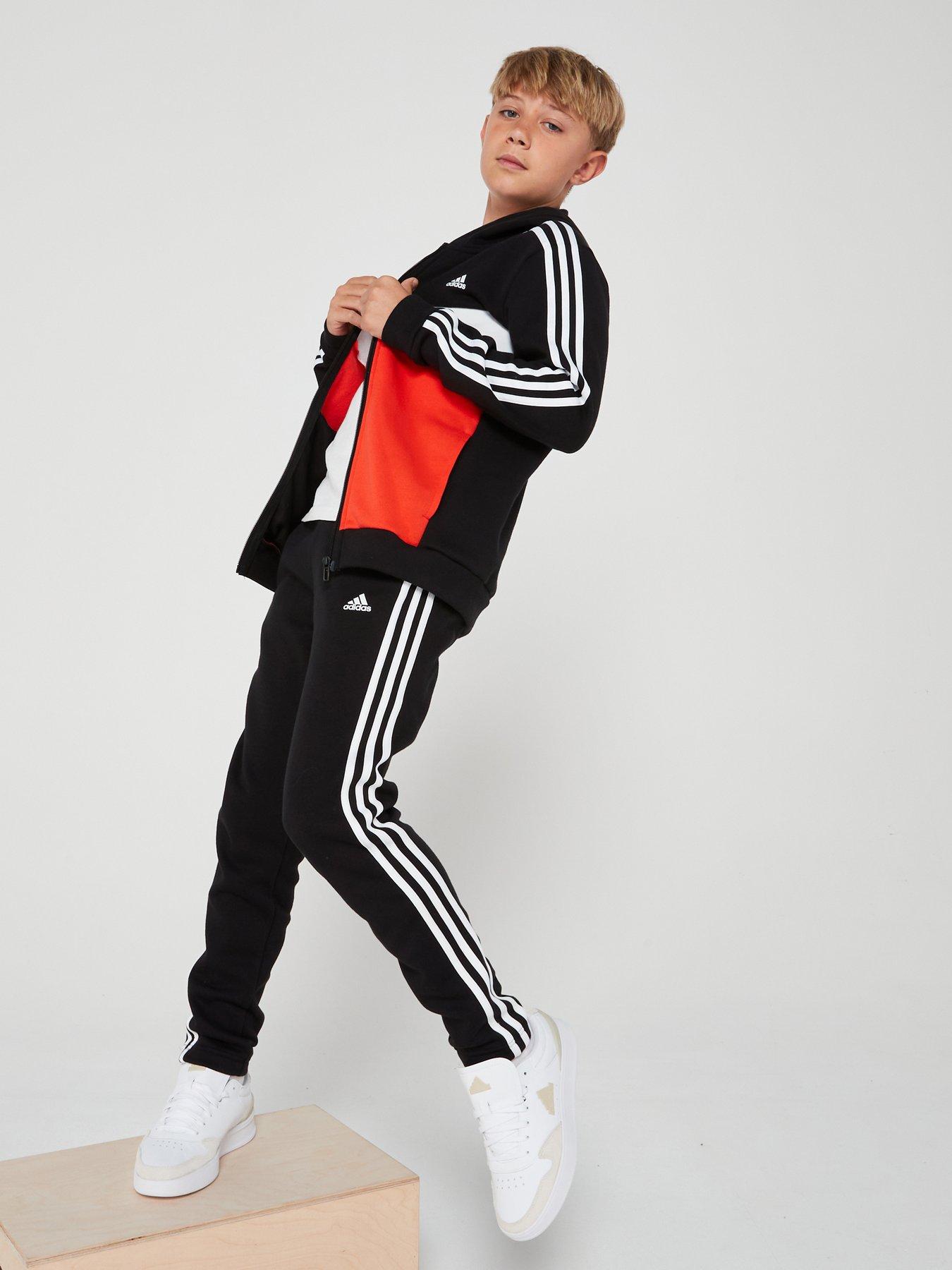 adidas-sportswear-junior-boys-essentials-3-stripe-tracksuit-blackredfront