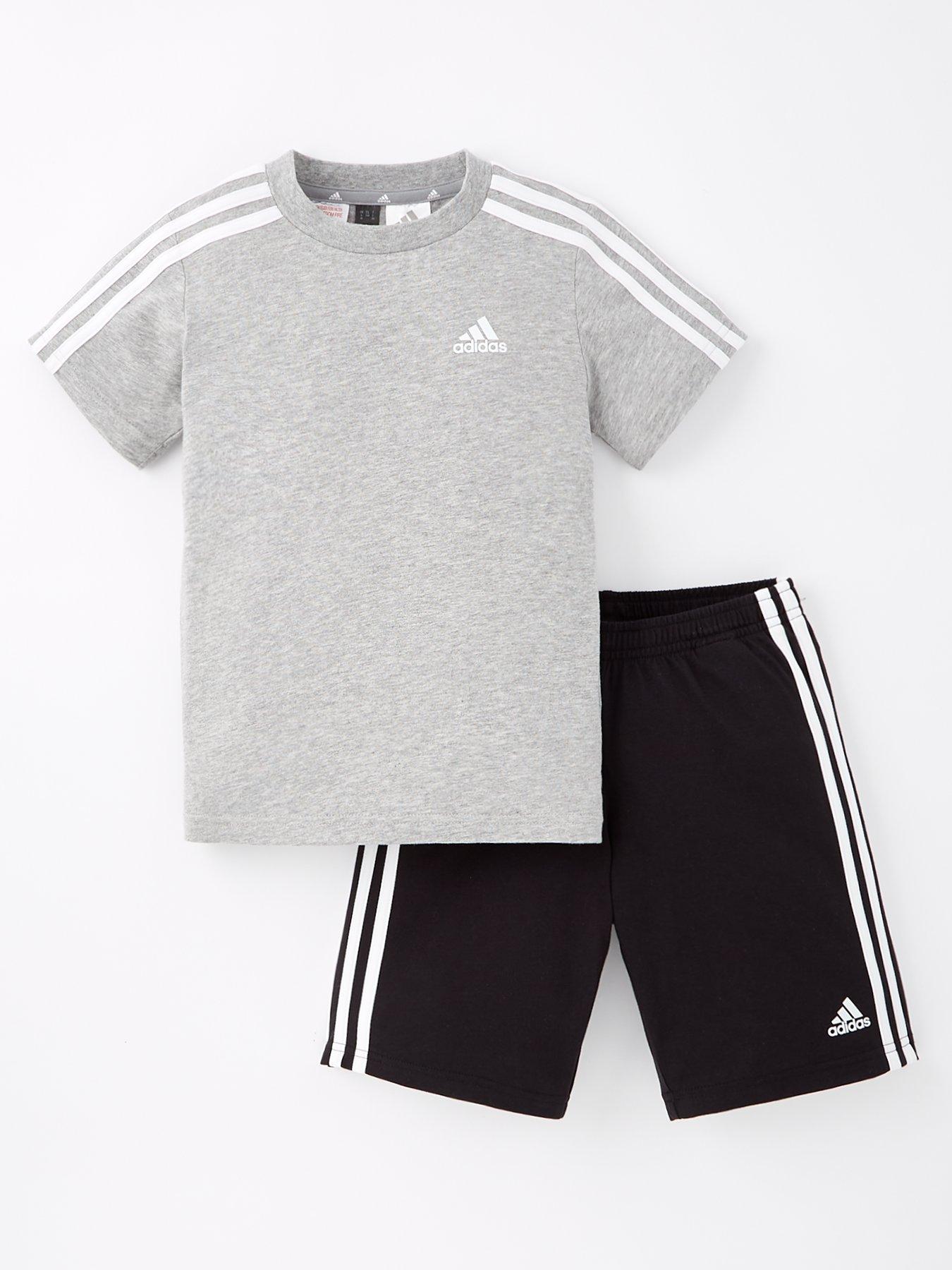 adidas-sportswear-kids-unisex-essentials-3-stripe-t-shirt-and-short-set-blackgrey