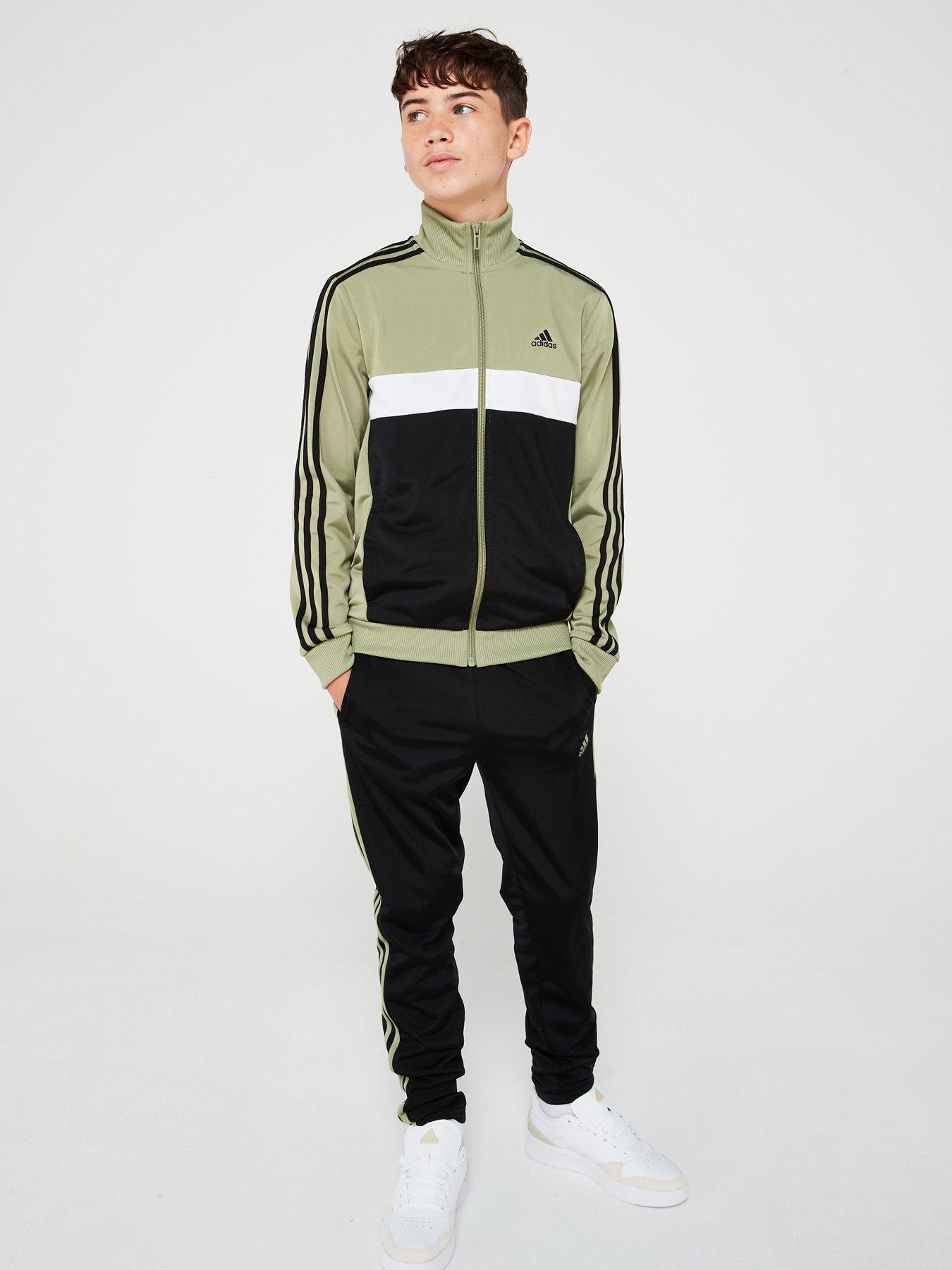 Adidas tracksuit black with green stripes hotsell