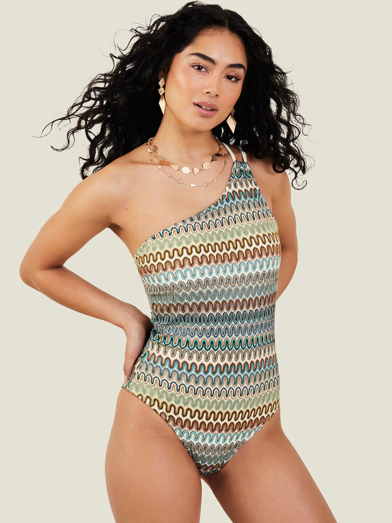 Image 1 of 4 of Accessorize Crochet One Shoulder Swimsuit - Natural