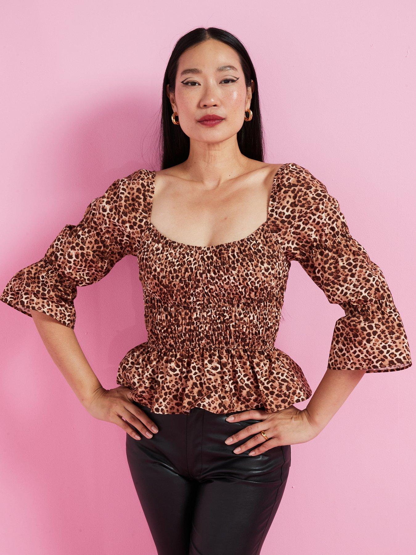 River Island Leopard Print Shirred Detail Top - Brown