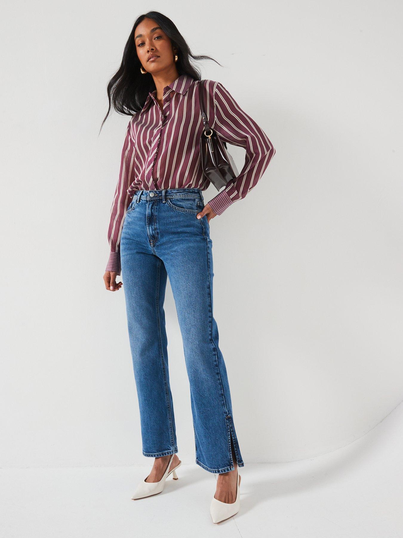 Image 3 of 6 of V by Very Split Hem Straight Leg Jeans - Midi Wash