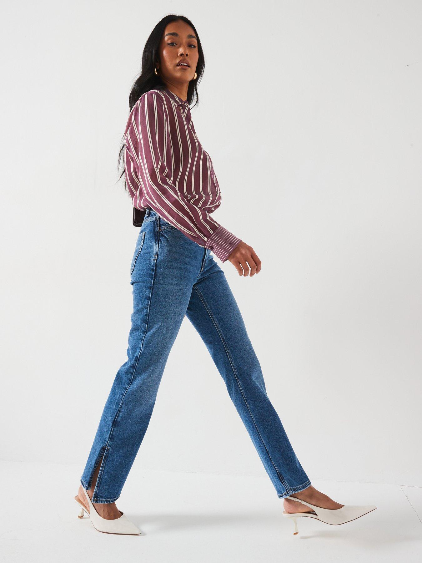 Image 6 of 6 of V by Very Split Hem Straight Leg Jeans - Midi Wash