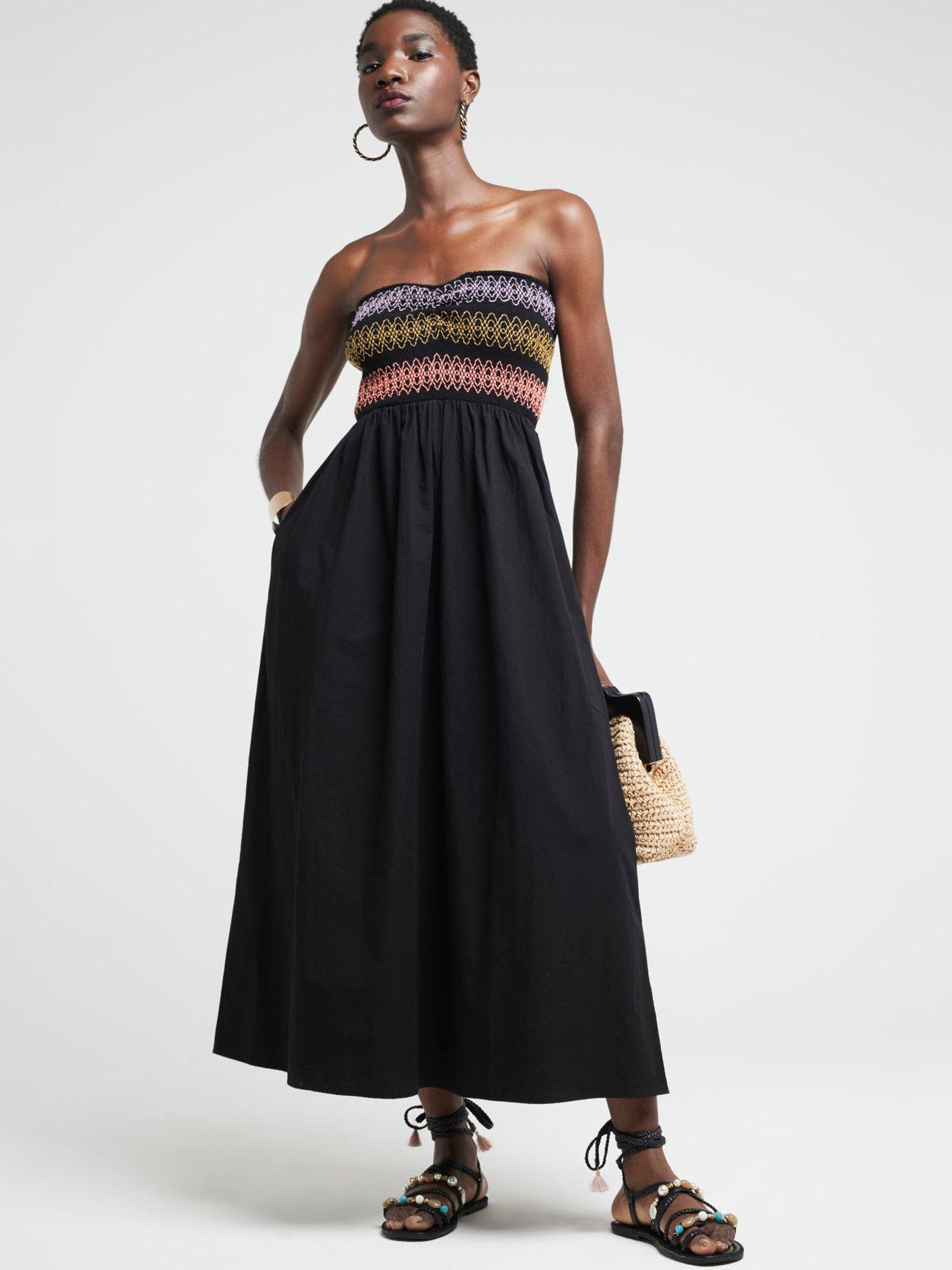 river-island-bandeau-shirred-contrast-midi-dress-black