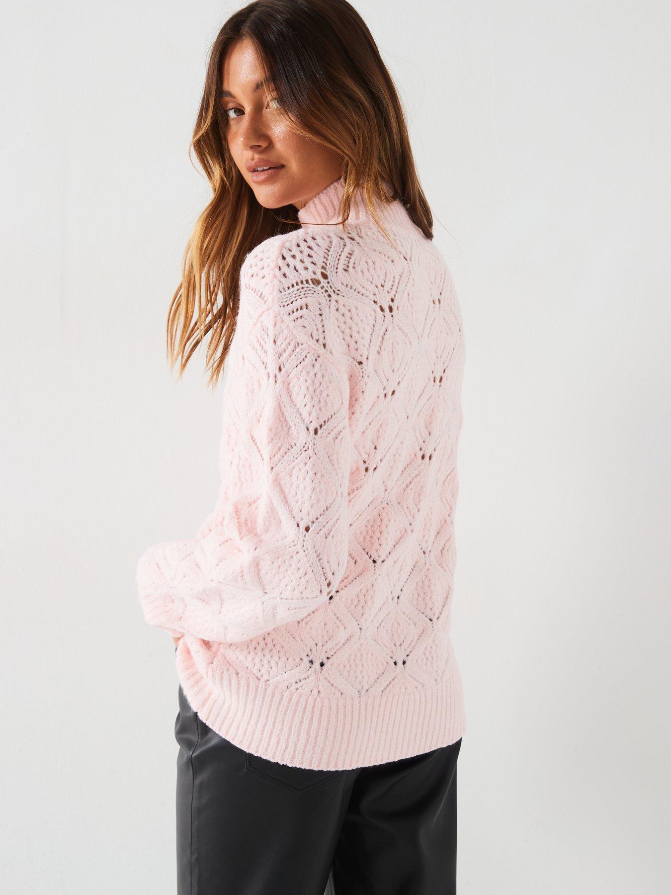 v-by-very-funnel-neck-open-knit-jumper-pinkstillFront