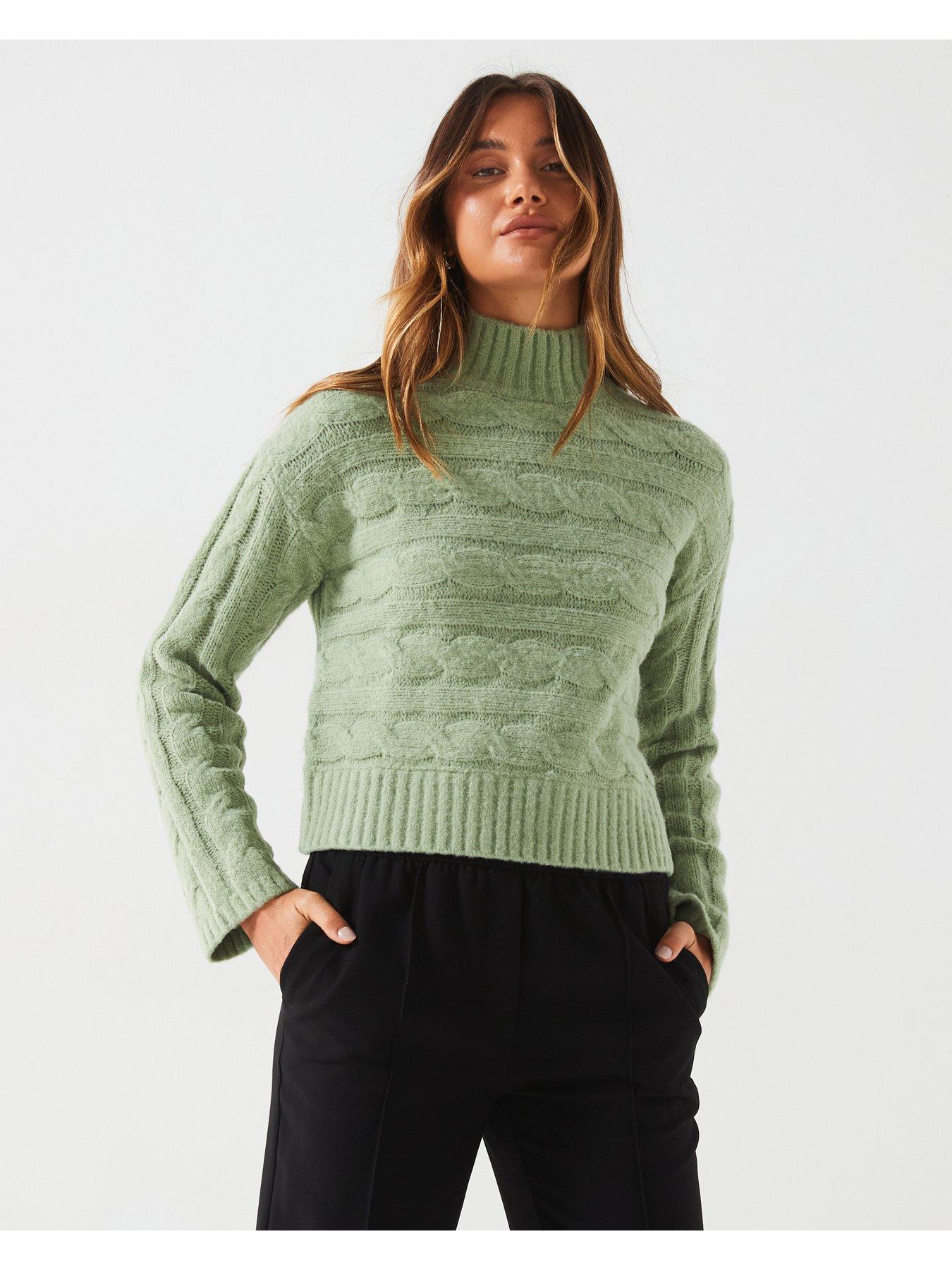 v-by-very-funnel-neck-horizontal-cable-knit-jumper-greenfront