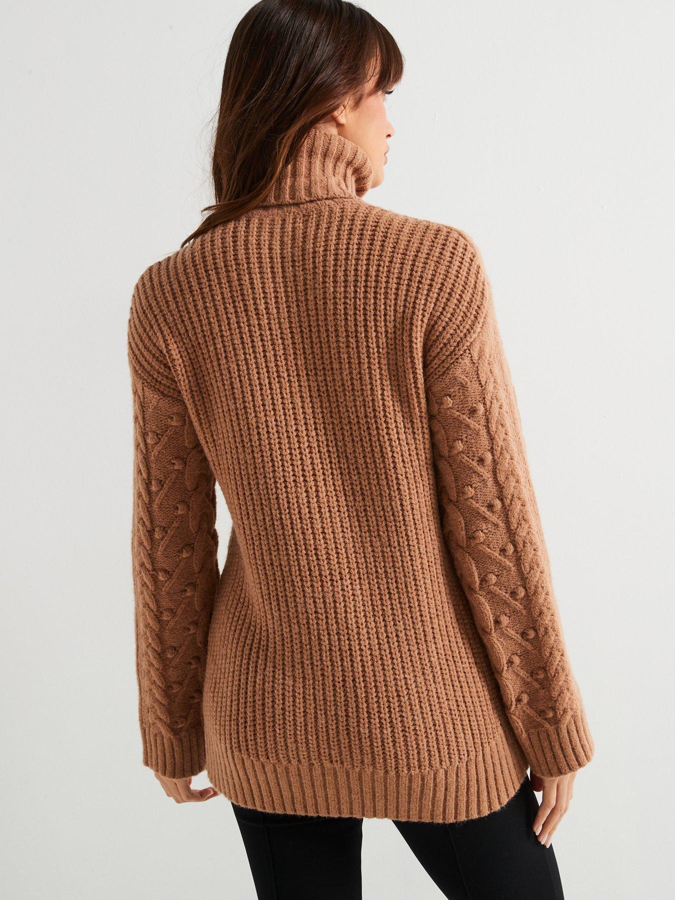 v-by-very-roll-neck-cable-knit-longline-jumper-beigestillFront