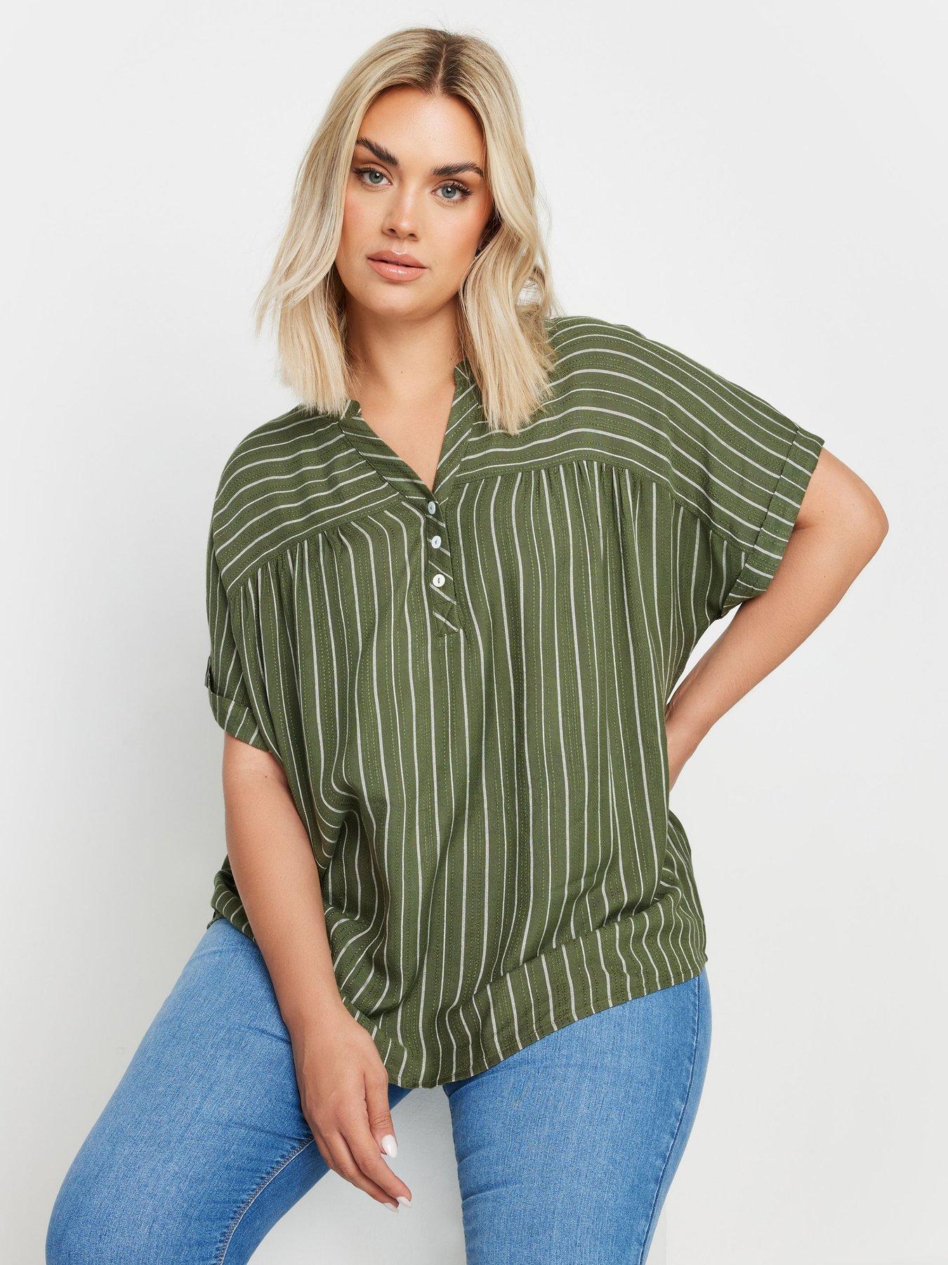 yours-curve-stripe-notchneck-blouse-green