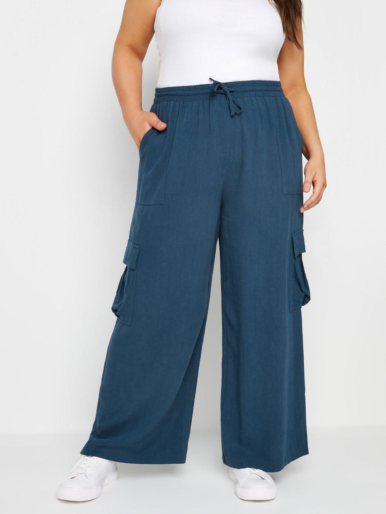 yours-curve-linen-look-cargo-trousers-blue