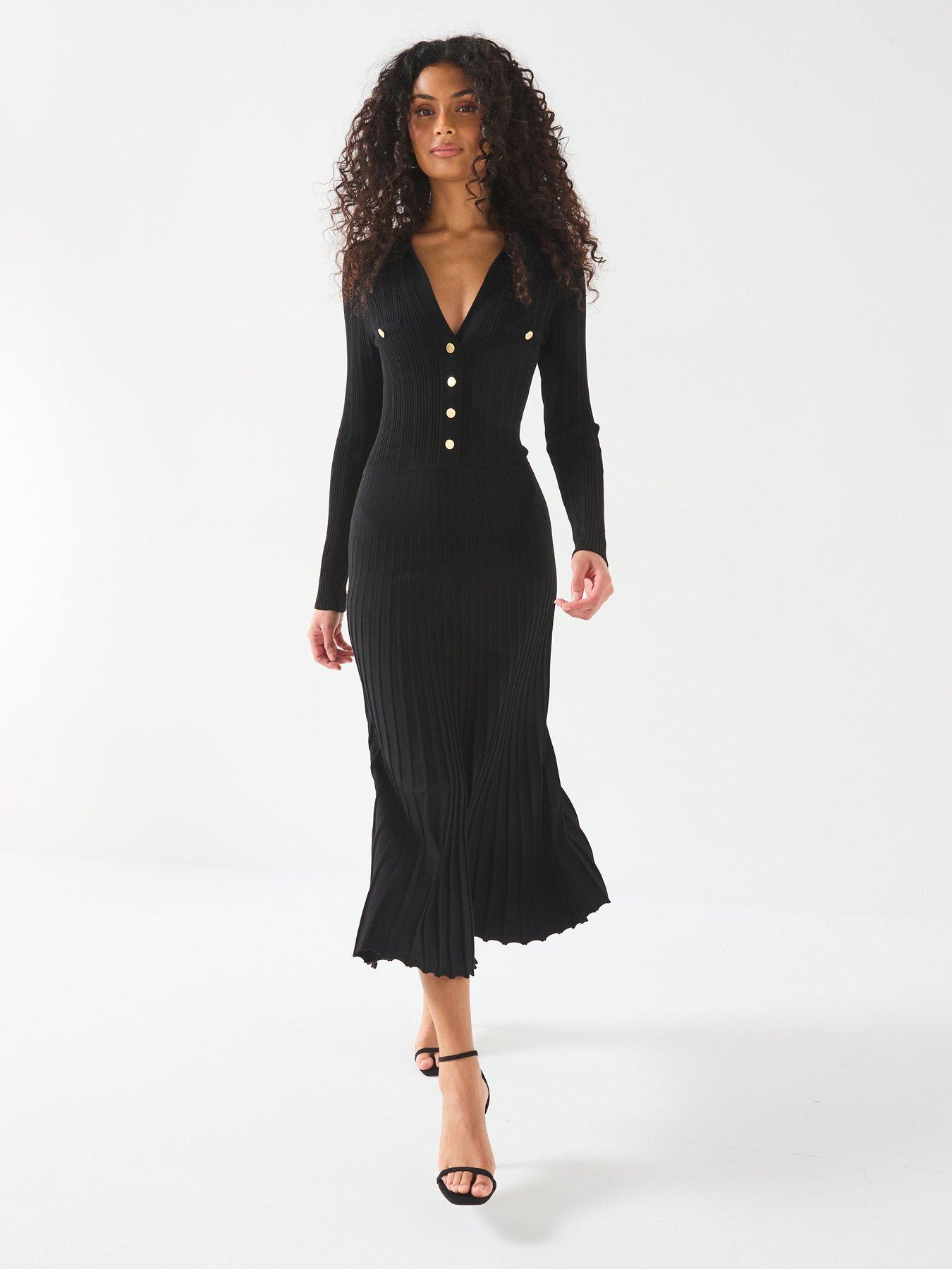 v-by-very-button-down-fit-amp-flare-midi-dress-black