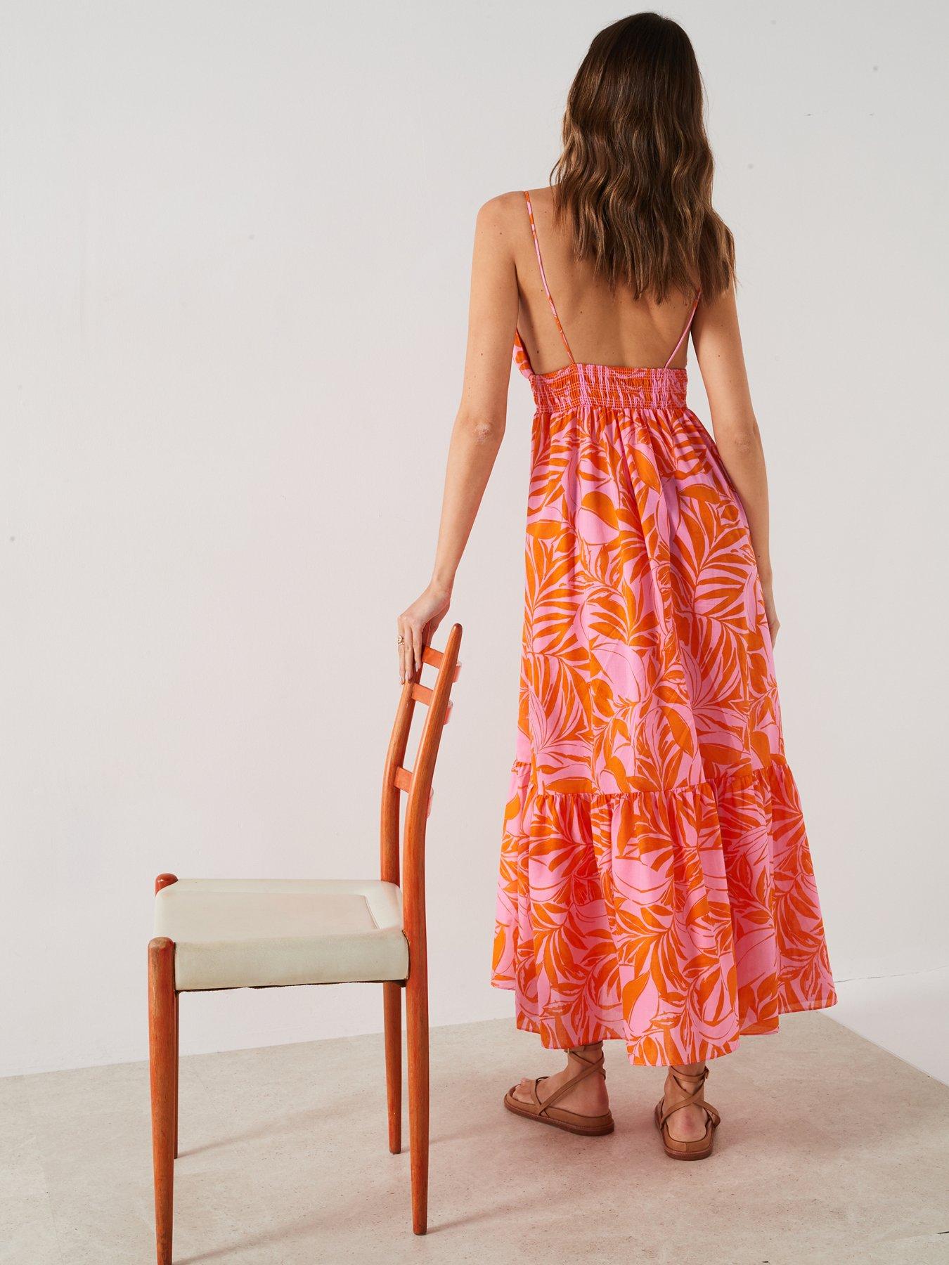 mango-orange-and-pink-leaf-print-midi-dressstillFront