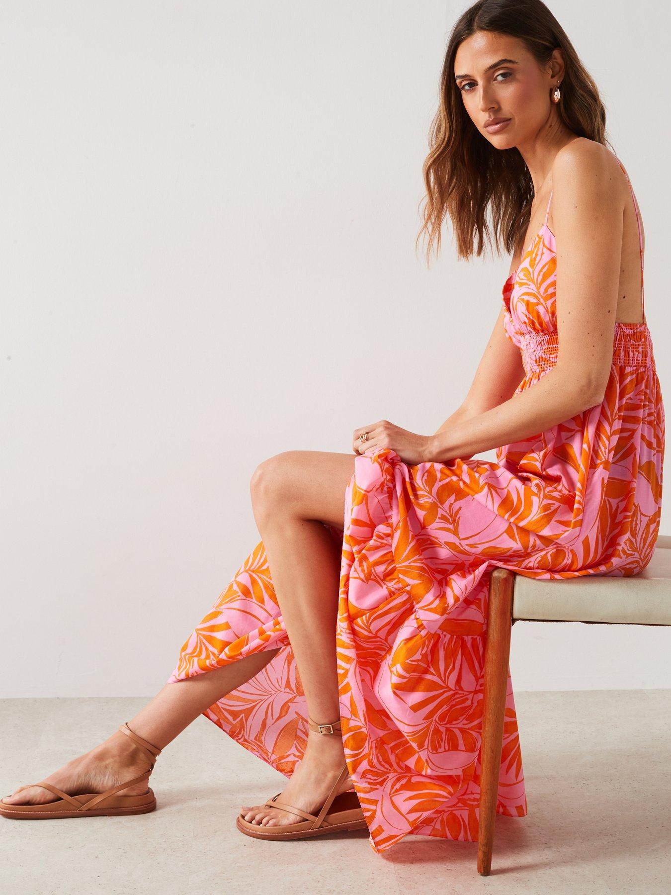 mango-orange-and-pink-leaf-print-midi-dressoutfit