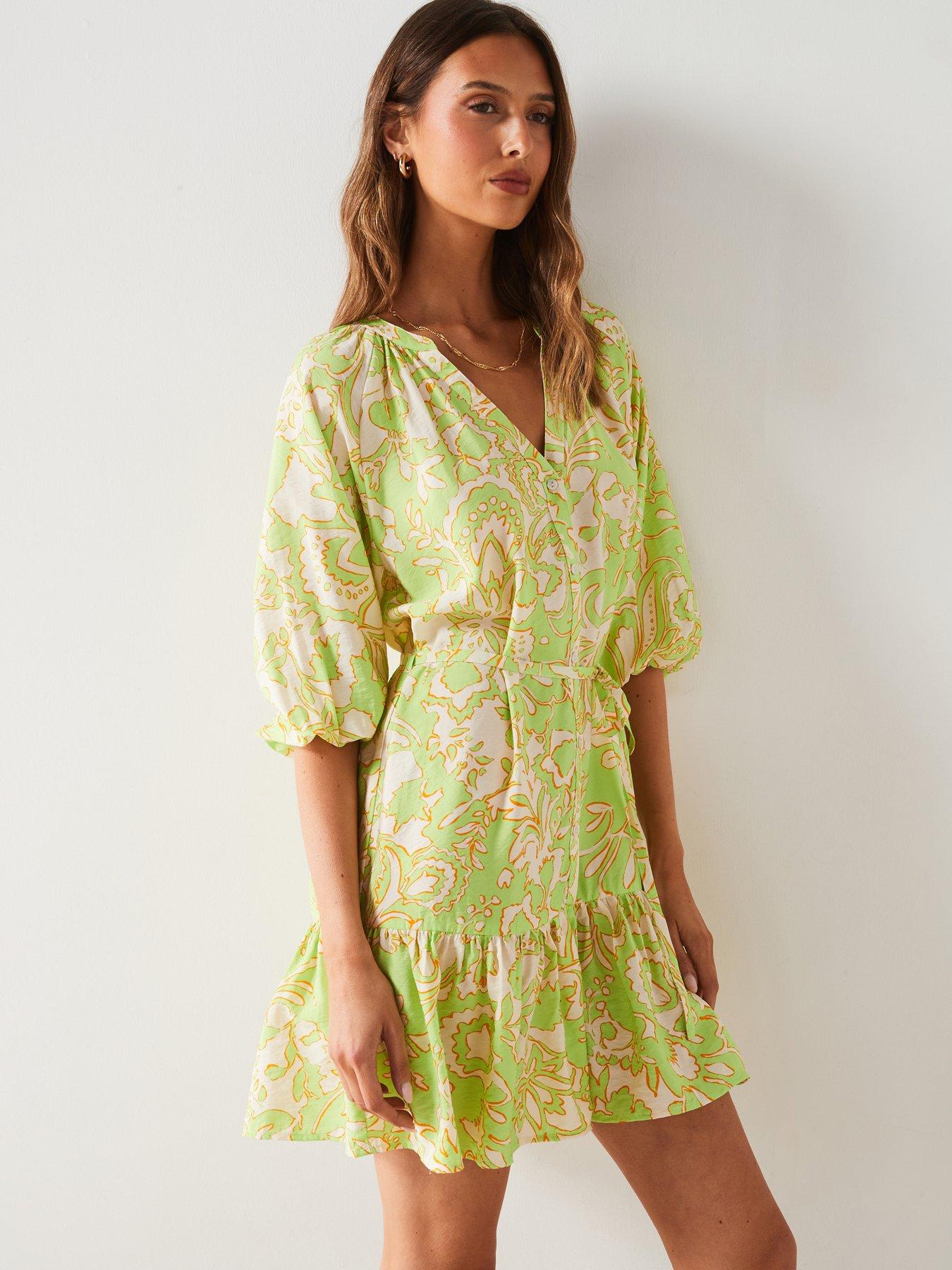 mango-lime-printed-short-sleeve-mini-dress