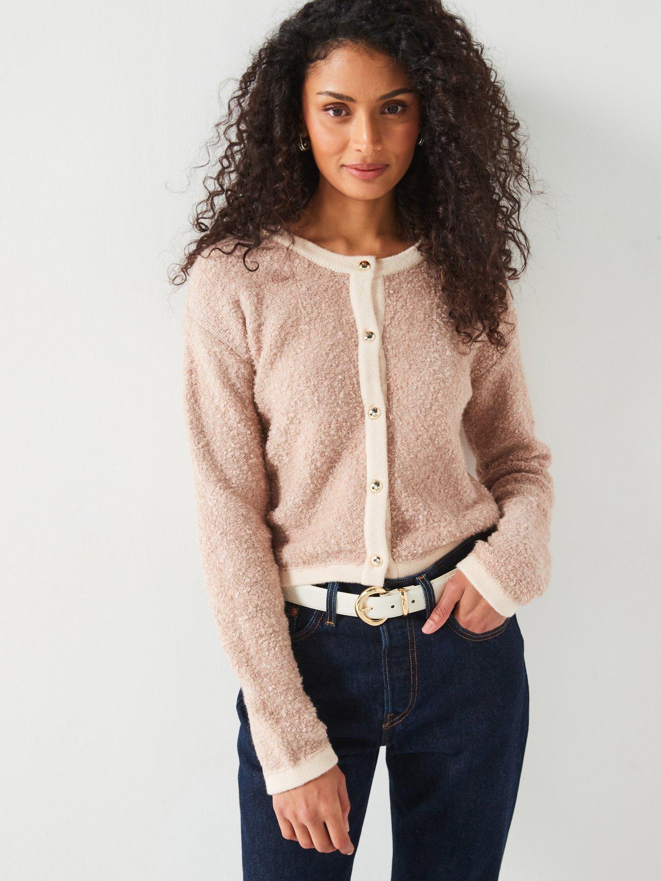 V by Very Crew Neck Boucle Cardigan - Beige